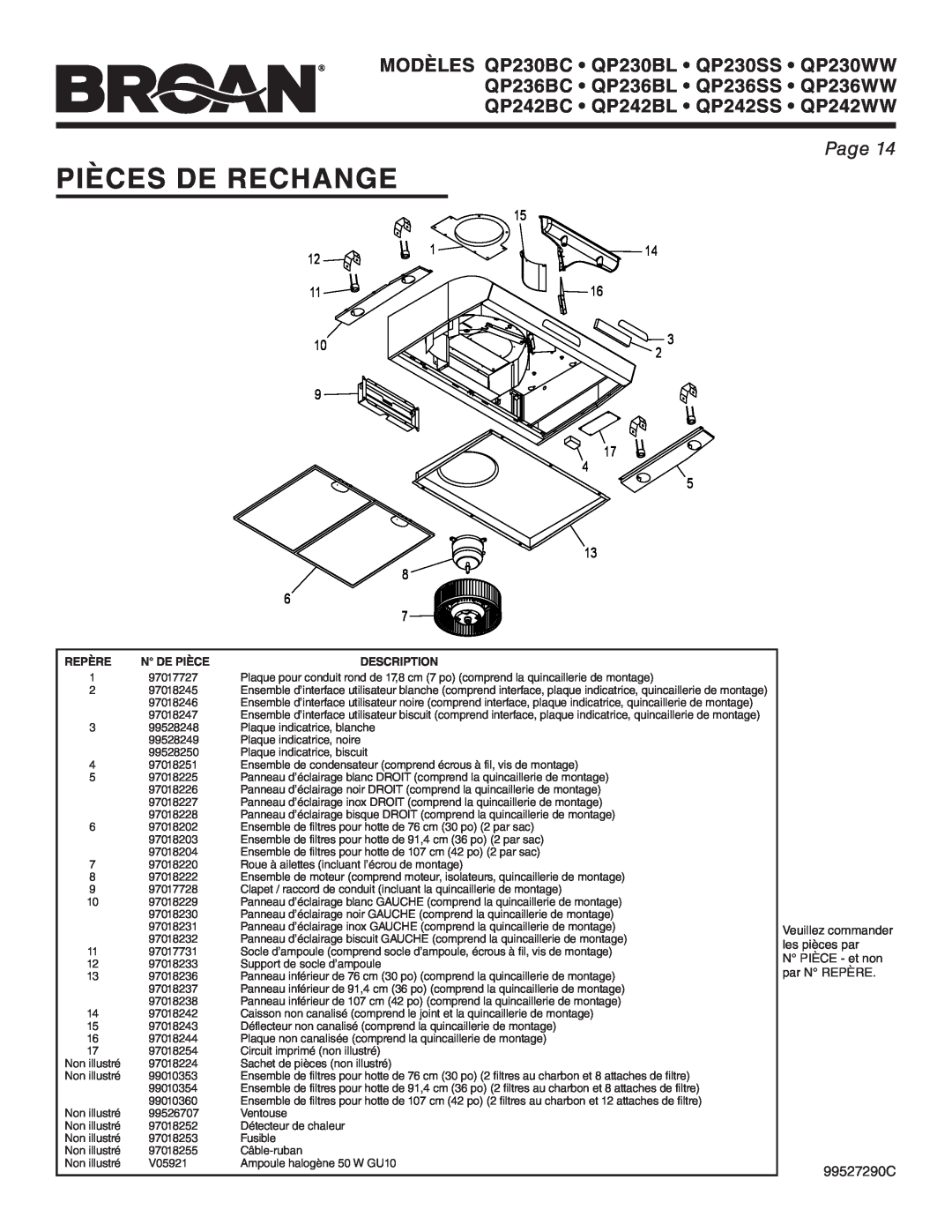 Broan QP236BC Pièces De Rechange, Page, Veuillez commander, les pièces par, N PIÈCE - et non, par N REPÈRE, 99527290C 