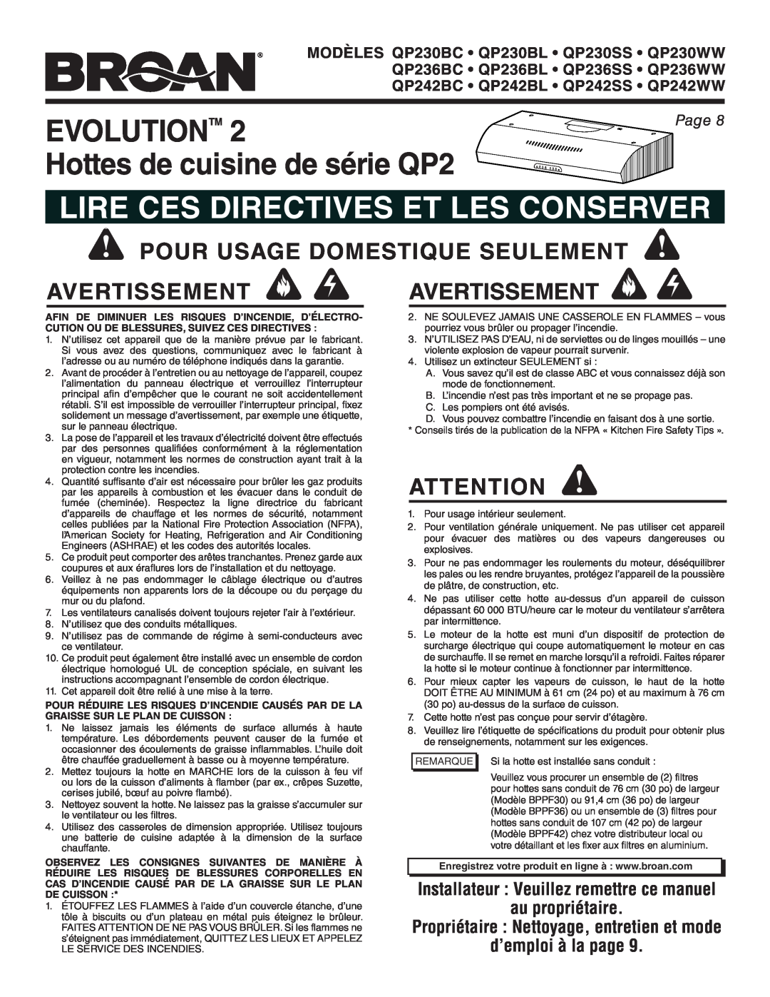 Broan QP236BL Evolutiontm, Hottes de cuisine de série QP2, Lire Ces Directives Et Les Conserver, au propriétaire, Page 