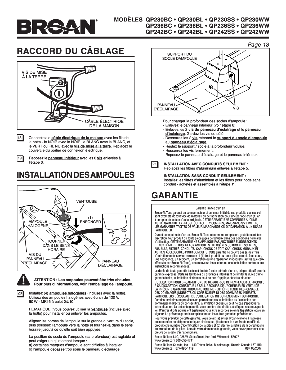 Broan QP242BL manual Raccord Du Câblage, Installation Desampoules, Garantie, Page, 21INSTALLATION AVEC CONDUITS SEULEMENT 