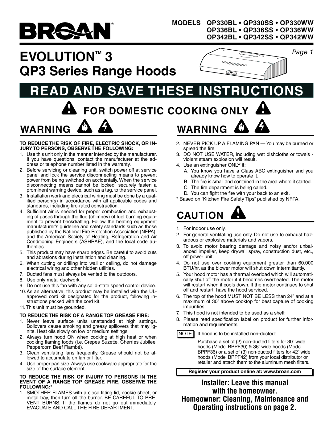 Broan QP336WW, QP342SS, QP330WW, QP336BL warranty For Domestic Cooking only, To Reduce the Risk of a Range TOP Grease Fire 