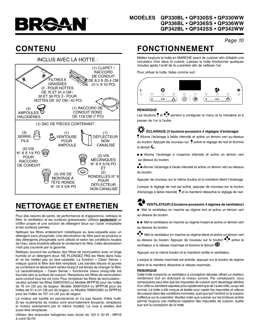 Broan QP336WW, QP342SS, QP330WW, QP336BL, QP342BL, QP342WW, QP330BL, QP330SS Contenu, Fonctionnement, Nettoyage ET Entretien 