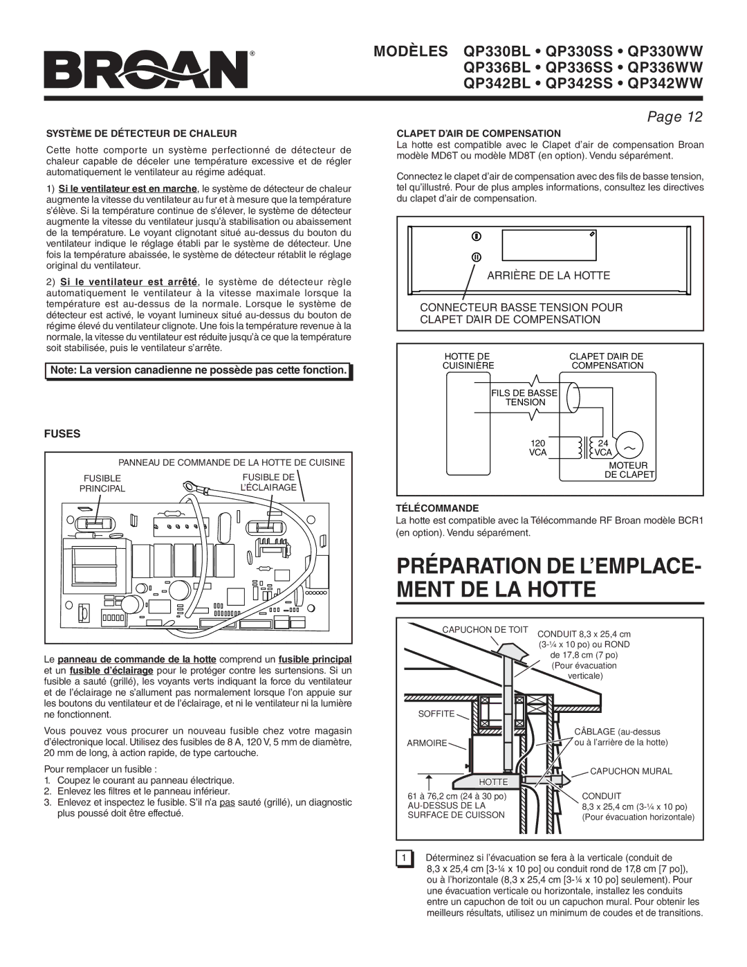 Broan QP336BL, QP342SS, QP336WW, QP330WW Arrière DE LA Hotte, Connecteur Basse Tension Pour, Clapet D’AIR DE Compensation 