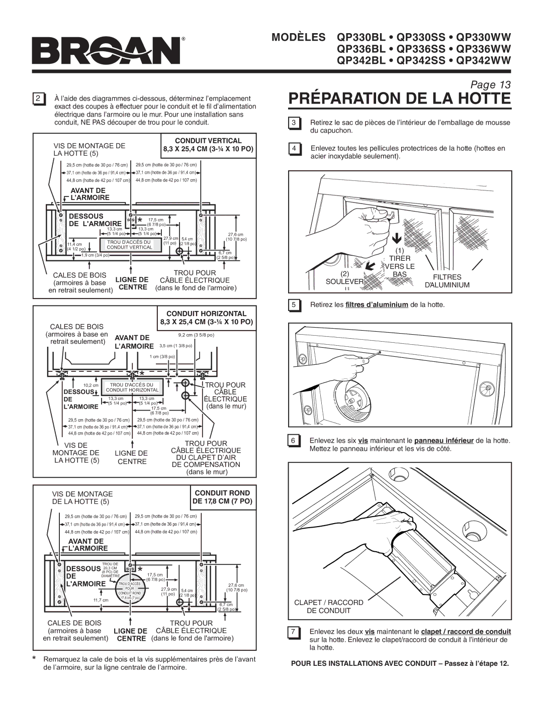 Broan QP342BL, QP342SS, QP336WW, QP330WW, QP336BL, QP342WW, QP330BL, QP330SS, QP336SS warranty Préparation DE LA Hotte 