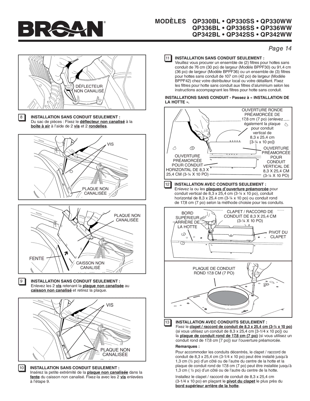Broan QP342WW, QP342SS, QP336WW, QP330WW, QP336BL, QP342BL, QP330BL, QP330SS, QP336SS warranty Fente, Vis, Plaque NON, Canalisée 