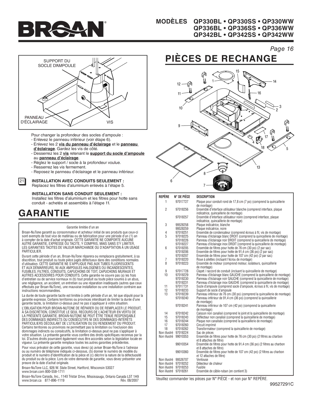 Broan QP330SS, QP342SS, QP336WW, QP330WW Pièces DE Rechange, Garantie, Support DU Socle D’AMPOULE, Panneau ’ÉCLAIRAGE VIS 