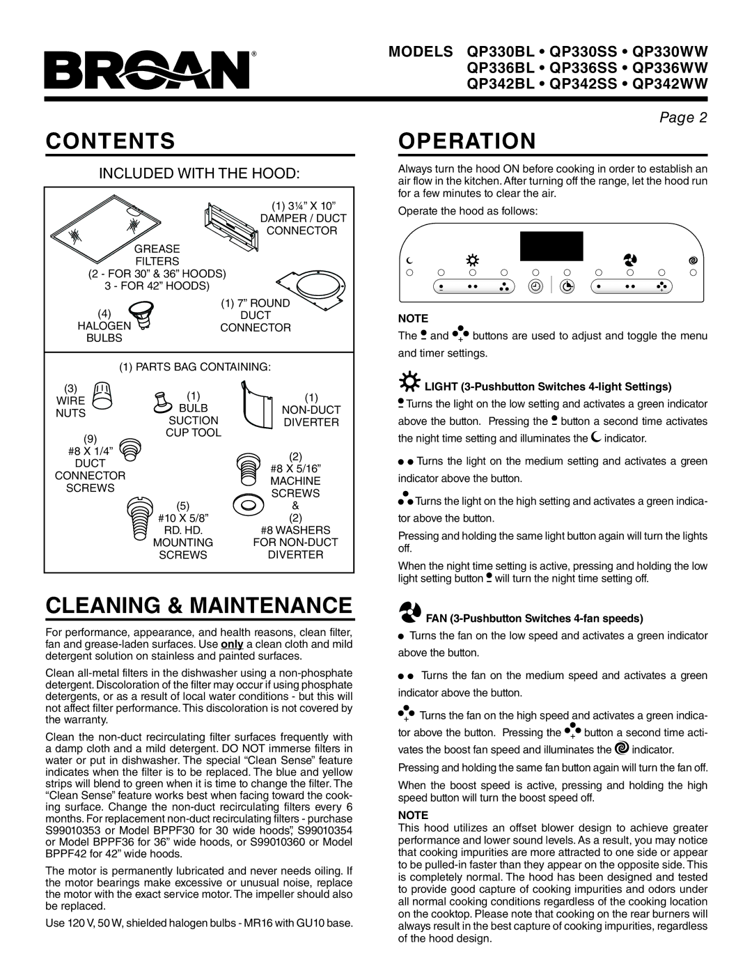 Broan QP330WW, QP342SS, QP336WW, QP336BL, QP342BL, QP342WW, QP330BL, QP330SS, QP336SS Contents, Operation, Cleaning & Maintenance 