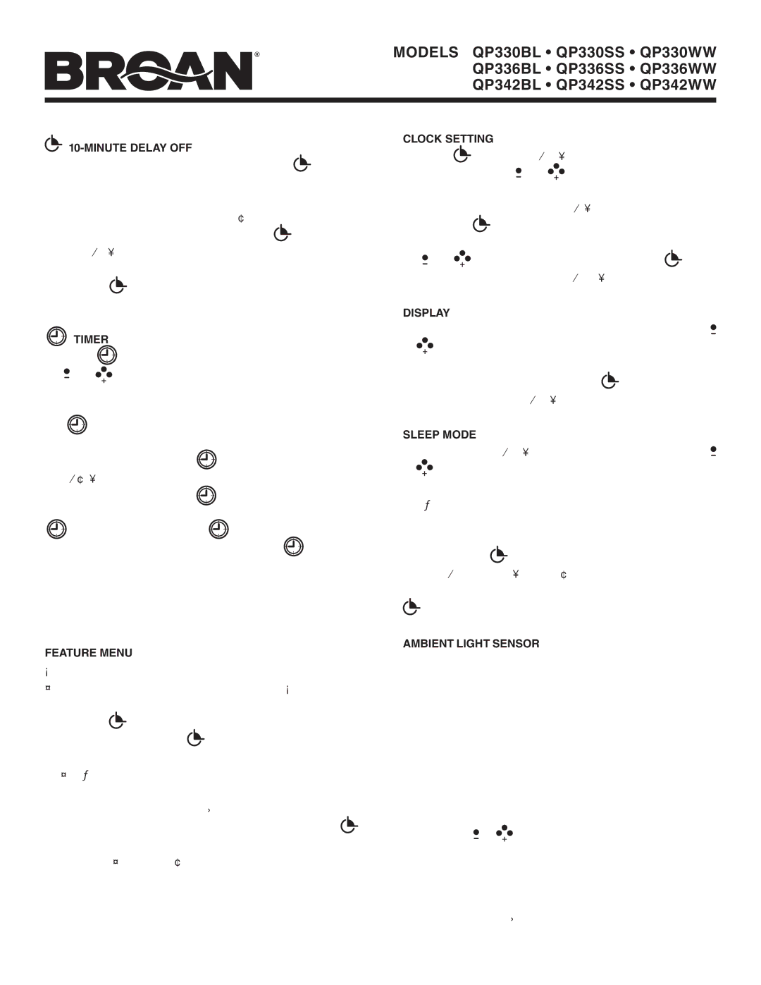 Broan QP336BL, QP342SS, QP336WW, QP330WW, QP342BL, QP342WW, QP330BL warranty Minute Delay OFF, Timer, Feature Menu, Clock Setting 