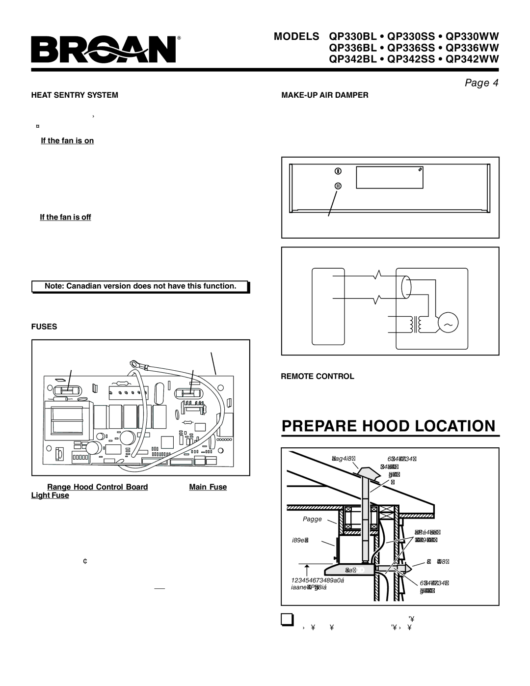 Broan QP342BL, QP342SS, QP336WW warranty Prepare Hood Location, Heat Sentry System, MAKE-UP AIR Damper, Fuses, Remote Control 