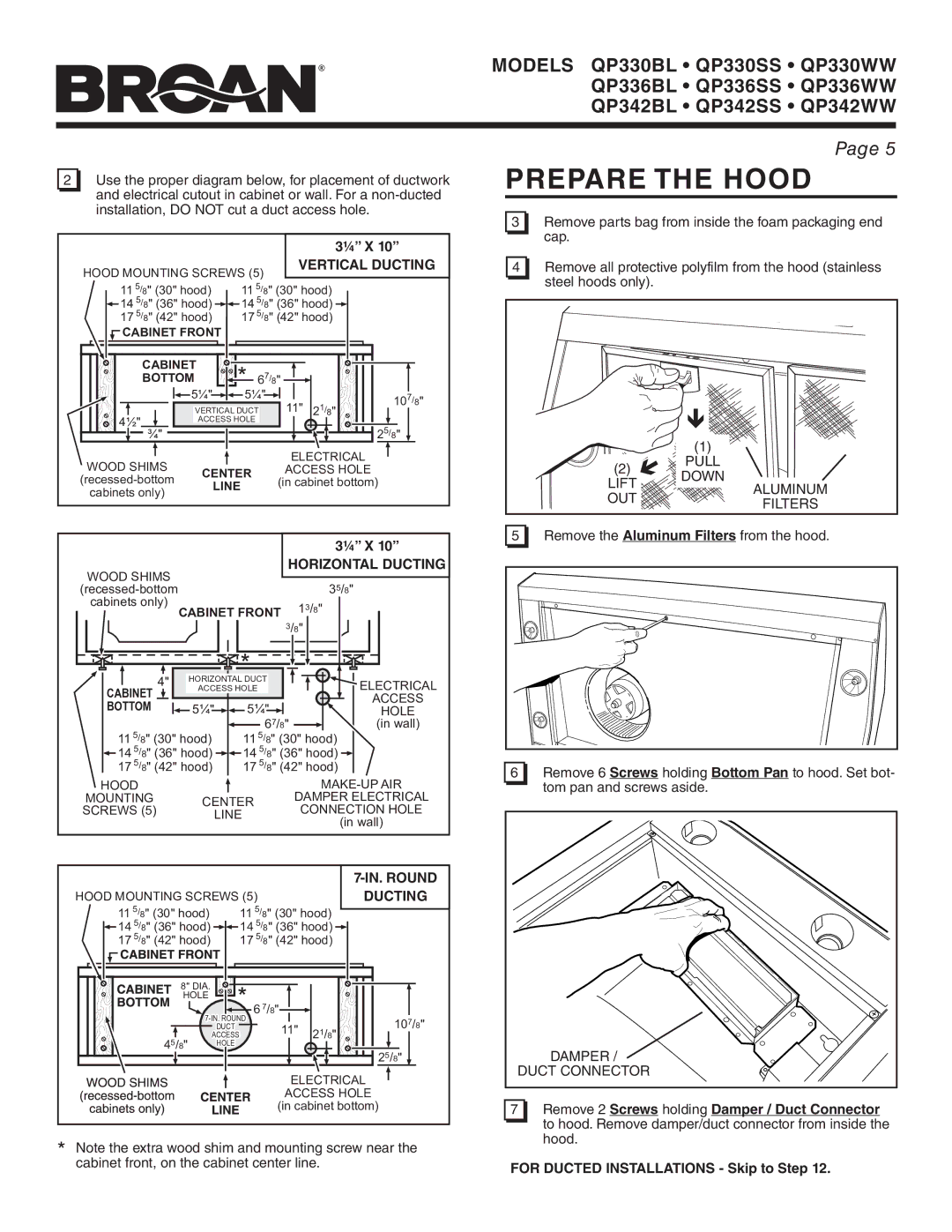 Broan QP342WW, QP342SS, QP336WW, QP330WW, QP336BL, QP342BL Prepare the Hood, Vertical Ducting, Horizontal Ducting, IN. Round 