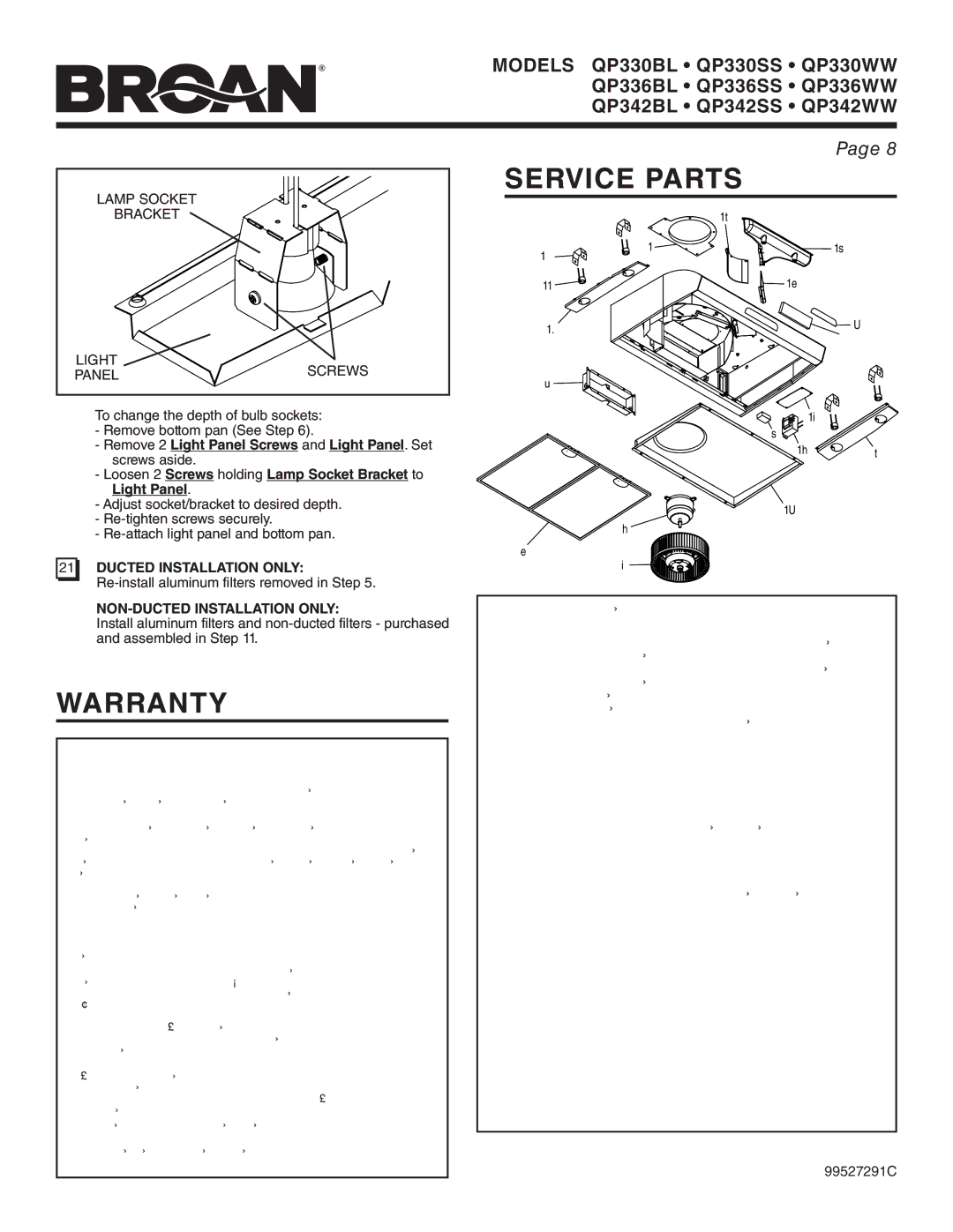 Broan QP336SS, QP342SS, QP336WW, QP330WW, QP336BL, QP342BL Service Parts, Warranty, Lamp Socket Bracket Light Screws Panel 