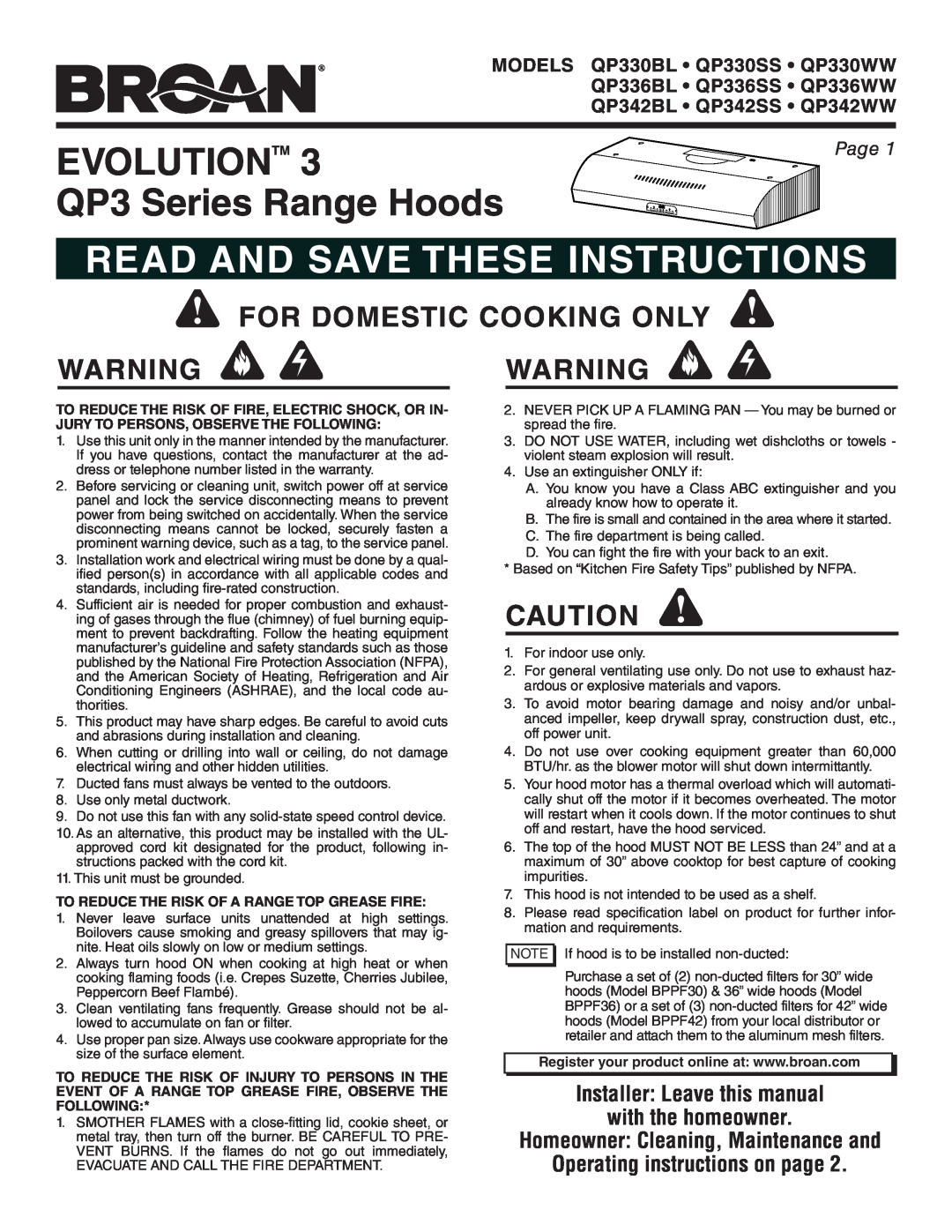 Broan warranty Evolutiontm, QP3 Series Range Hoods, Read And Save These Instructions, QP336BL QP336SS QP336WW, Page 