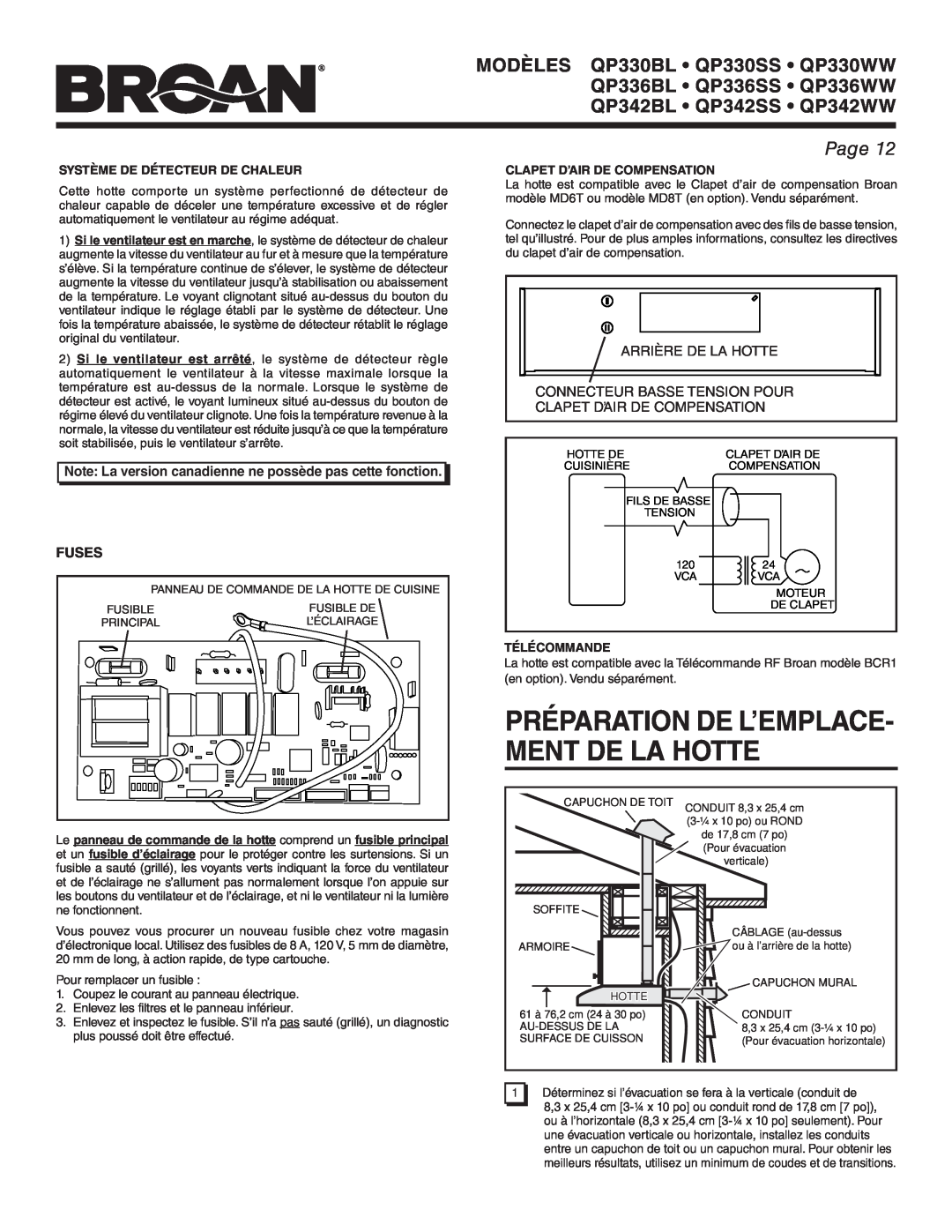 Broan QP336BL Préparation De L’Emplace- Ment De La Hotte, Page, Fuses, Système De Détecteur De Chaleur, Télécommande 
