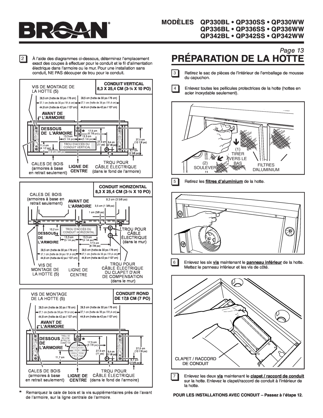 Broan QP342BL Préparation De La Hotte, Page, Vis De Montage De, Conduit Vertical, Avant De L’Armoire, Dessous, De Larmoire 