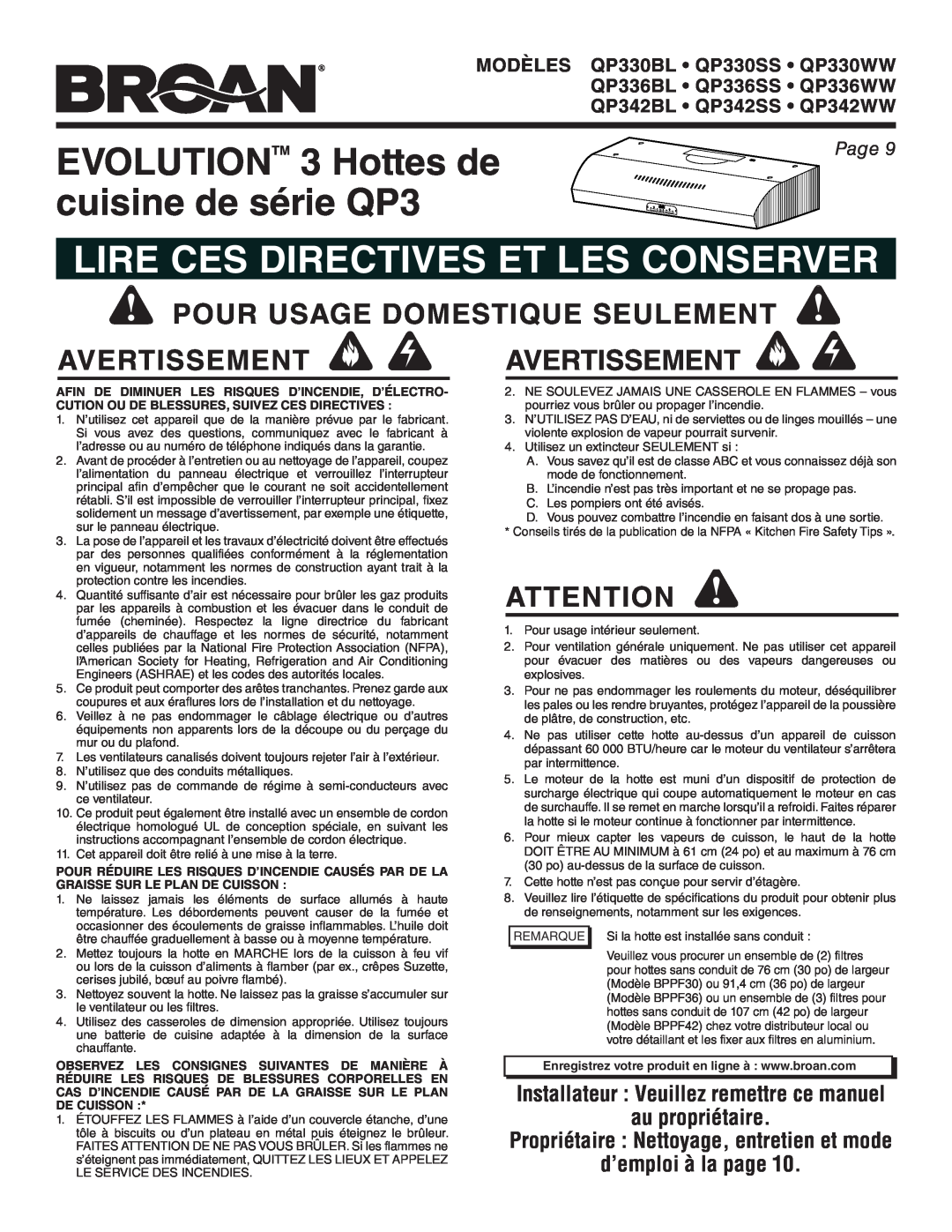 Broan QP342SS EVOLUTIONTM 3 Hottes de, cuisine de série QP3, Lire Ces Directives Et Les Conserver, au propriétaire, Page 