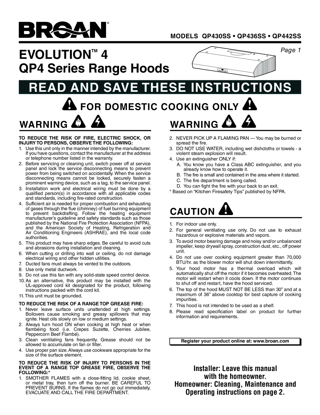 Broan QP436SS, QP430SS, QP442SS warranty For Domestic Cooking only, To Reduce the Risk of a Range TOP Grease Fire 