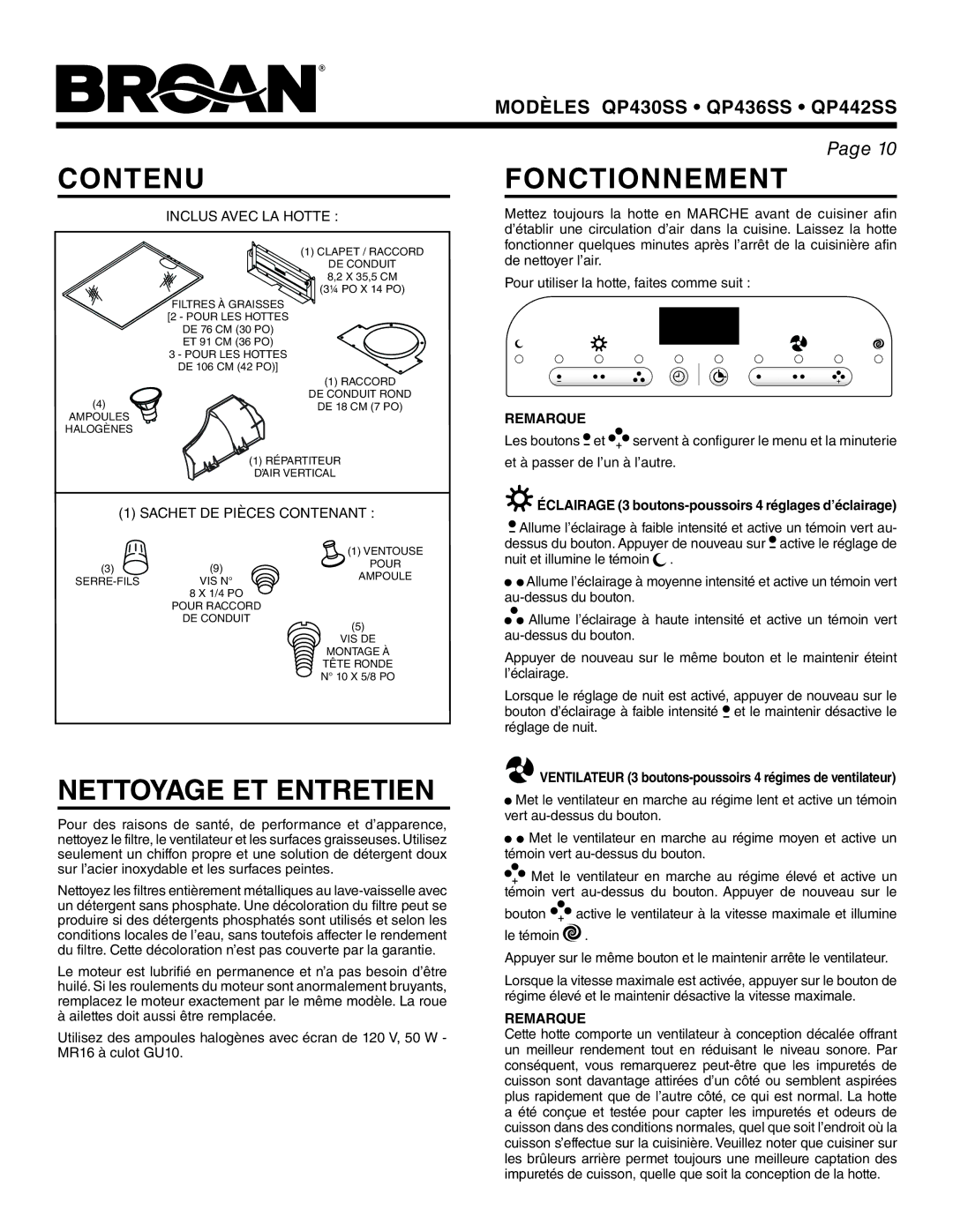 Broan QP436SS, QP430SS, QP442SS warranty Contenu, Fonctionnement, Nettoyage ET Entretien, Remarque 