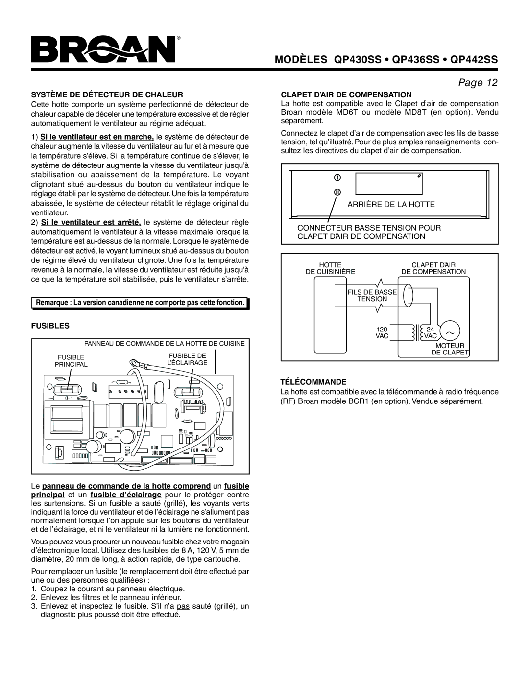 Broan QP430SS, QP436SS, QP442SS Système DE Détecteur DE Chaleur, Fusibles, Clapet D’AIR DE Compensation, Télécommande 