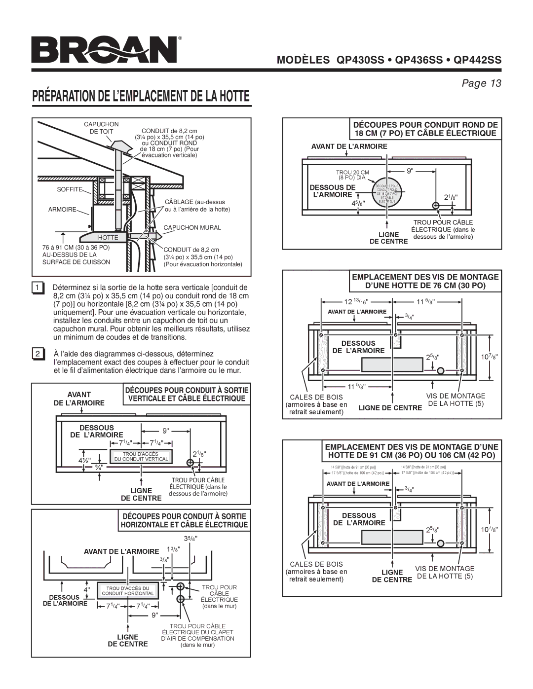 Broan QP436SS, QP430SS, QP442SS warranty Emplacement DES VIS DE Montage, ’UNE Hotte DE 76 CM 30 PO 