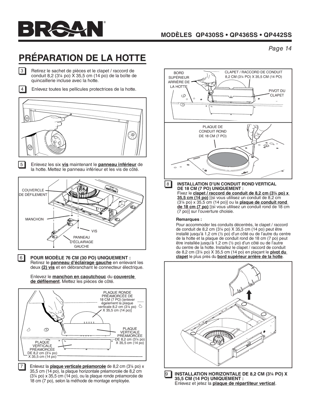 Broan QP442SS, QP430SS, QP436SS warranty Préparation DE LA Hotte, Pour Modèle 76 CM 30 PO Uniquement 