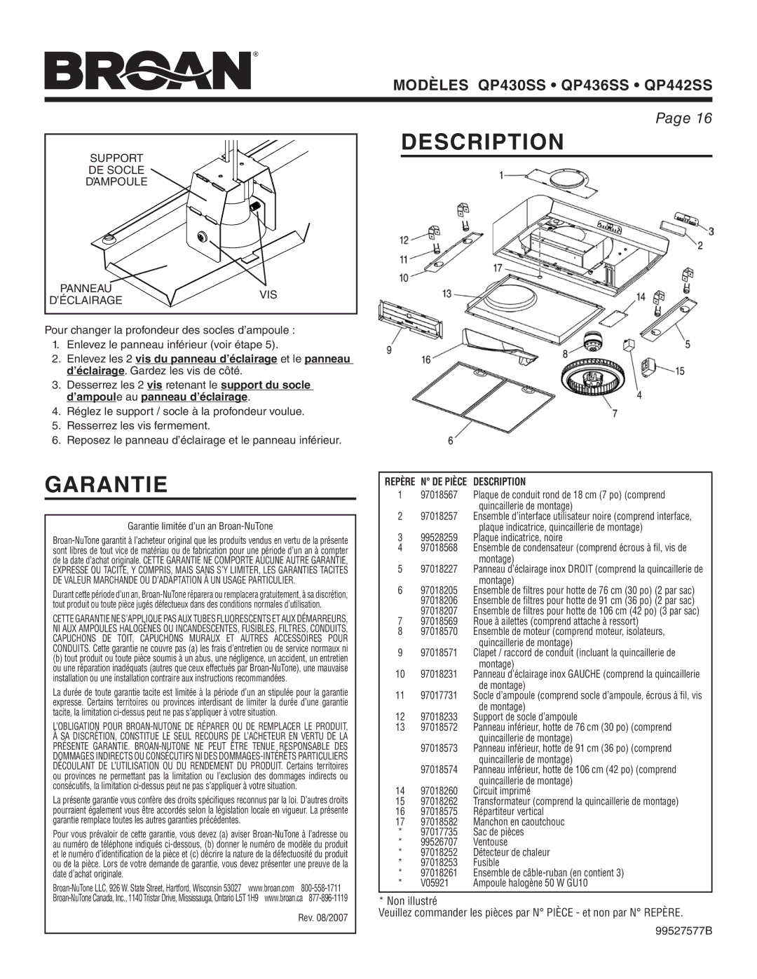 Broan QP436SS, QP430SS, QP442SS warranty Garantie, Description, Support DE Socle ’AMPOULE Panneauvis ’ÉCLAIRAGE 