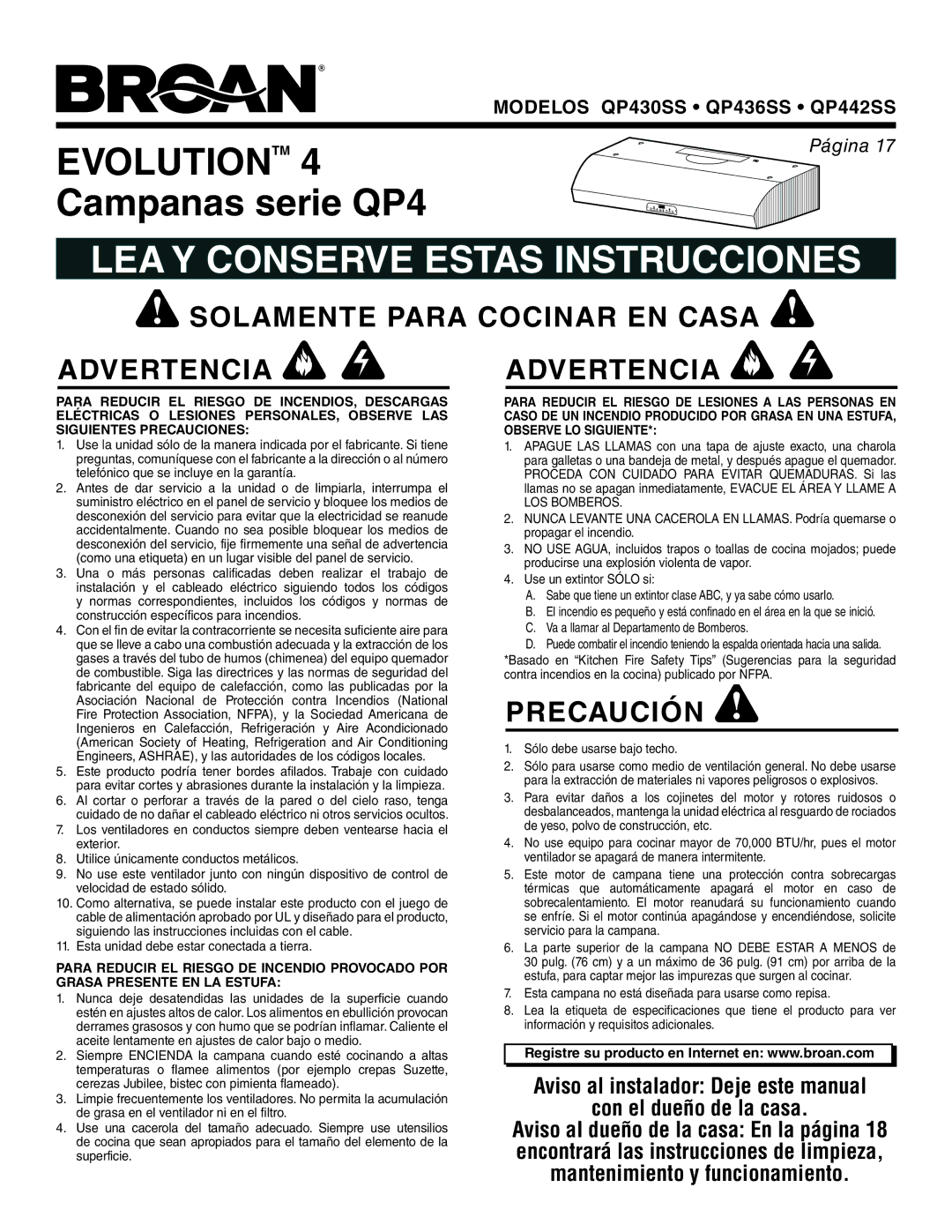 Broan QP442SS, QP430SS Solamente Para Cocinar EN Casa Advertencia Advertencia, Precaución, Sólo debe usarse bajo techo 