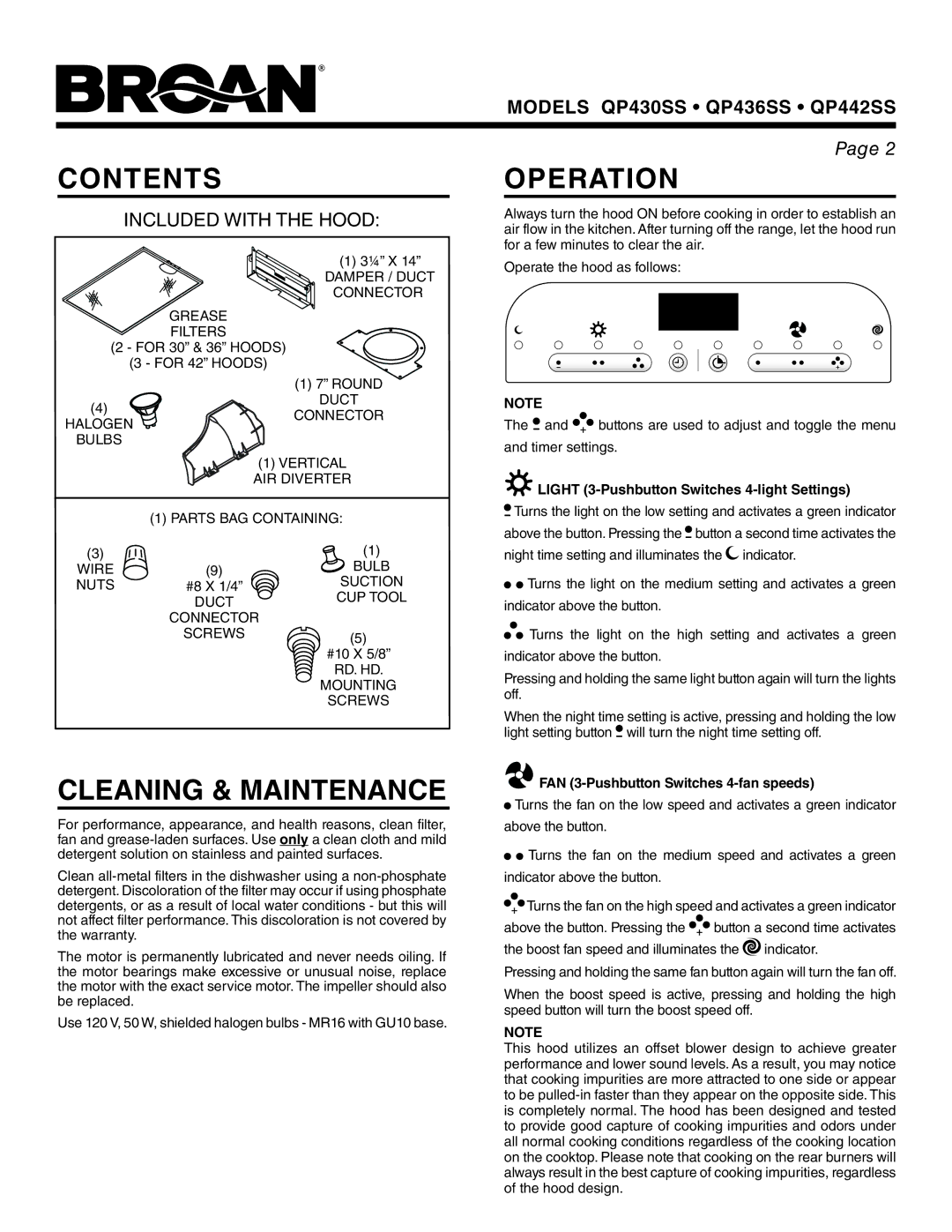 Broan QP442SS, QP430SS, QP436SS Contents, Operation, Cleaning & Maintenance, Light 3-Pushbutton Switches 4-light Settings 