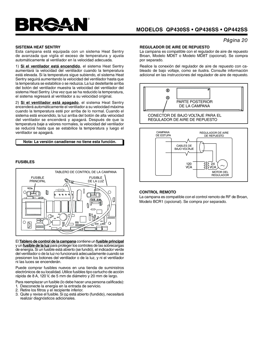 Broan QP442SS, QP430SS, QP436SS warranty Sistema Heat Sentry, Regulador DE Aire DE Repuesto, Control Remoto 