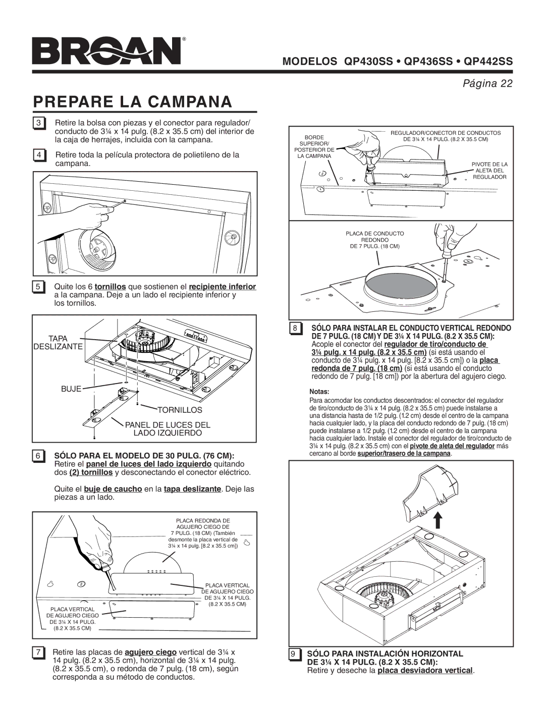 Broan QP436SS, QP430SS, QP442SS warranty Prepare LA Campana, Sólo Para EL Modelo DE 30 Pulg CM 