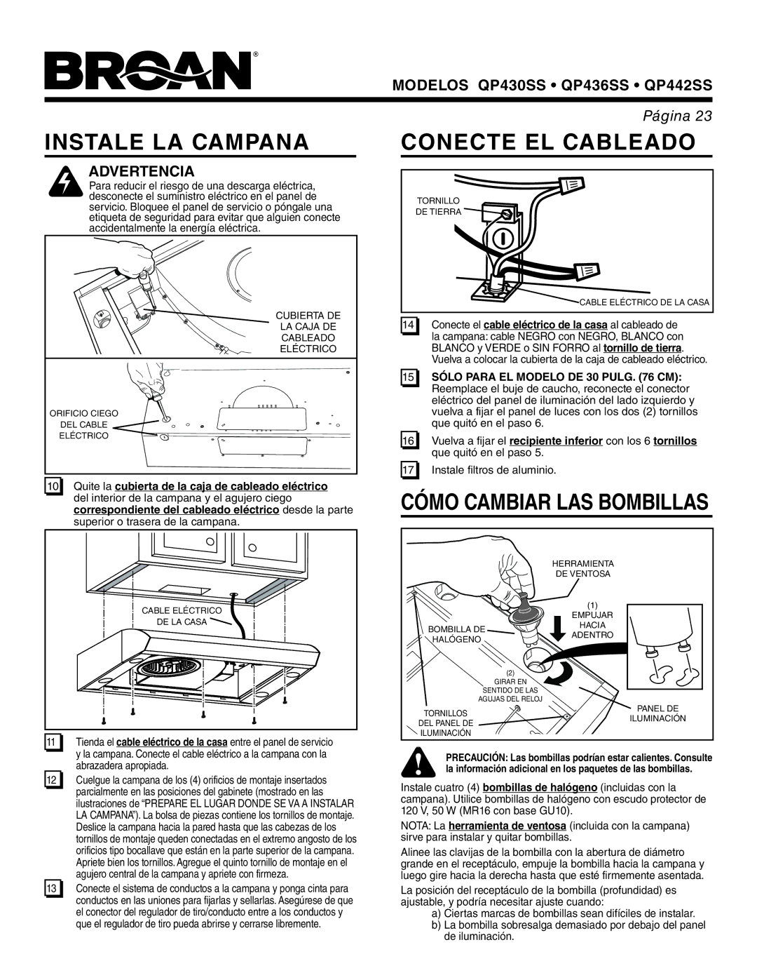 Broan QP442SS, QP430SS, QP436SS Instale LA Campana, Conecte EL Cableado, Quite la cubierta de la caja de cableado eléctrico 