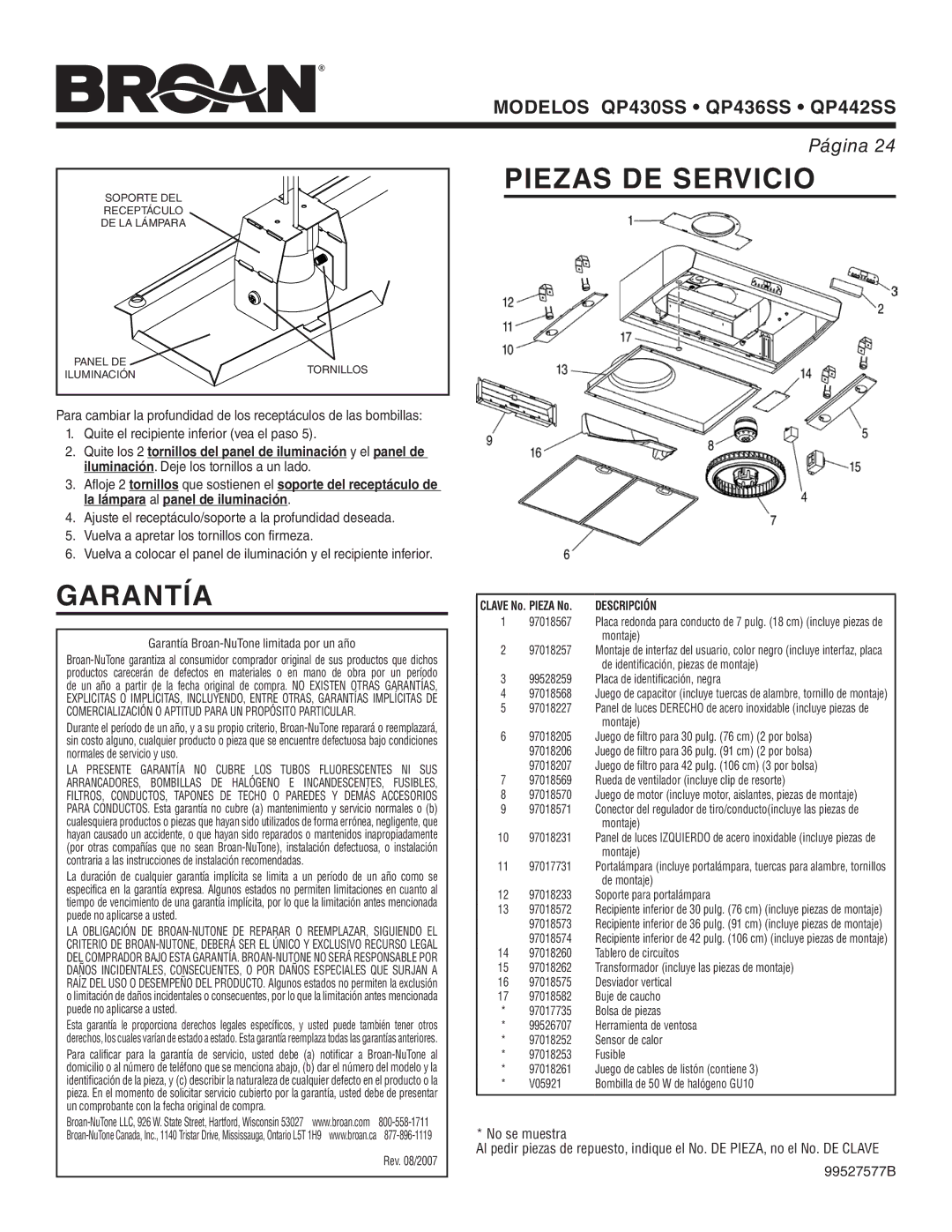 Broan QP430SS, QP436SS, QP442SS warranty Garantía, Piezas DE Servicio, Quite el recipiente inferior vea el paso, Descripción 