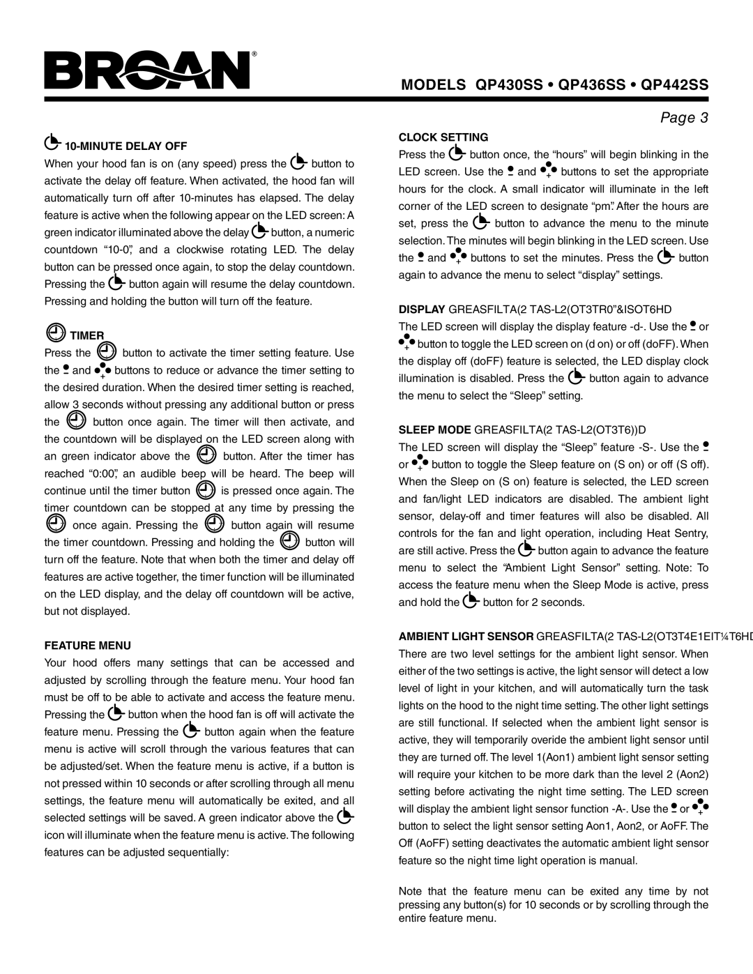 Broan QP430SS, QP436SS, QP442SS warranty Minute Delay OFF, Timer, Feature Menu, Clock Setting 