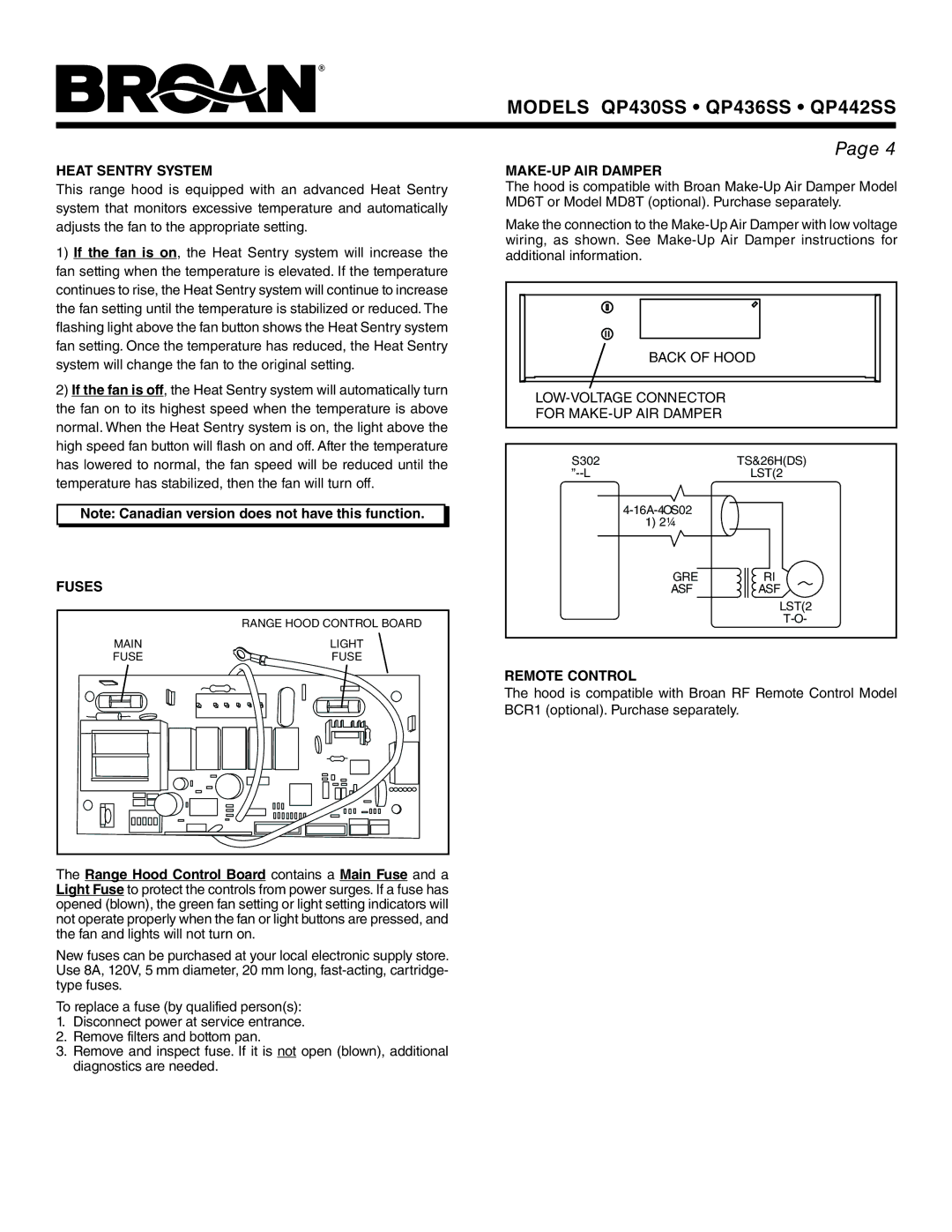 Broan QP436SS, QP430SS, QP442SS warranty Heat Sentry System, MAKE-UP AIR Damper, Fuses, Remote Control 