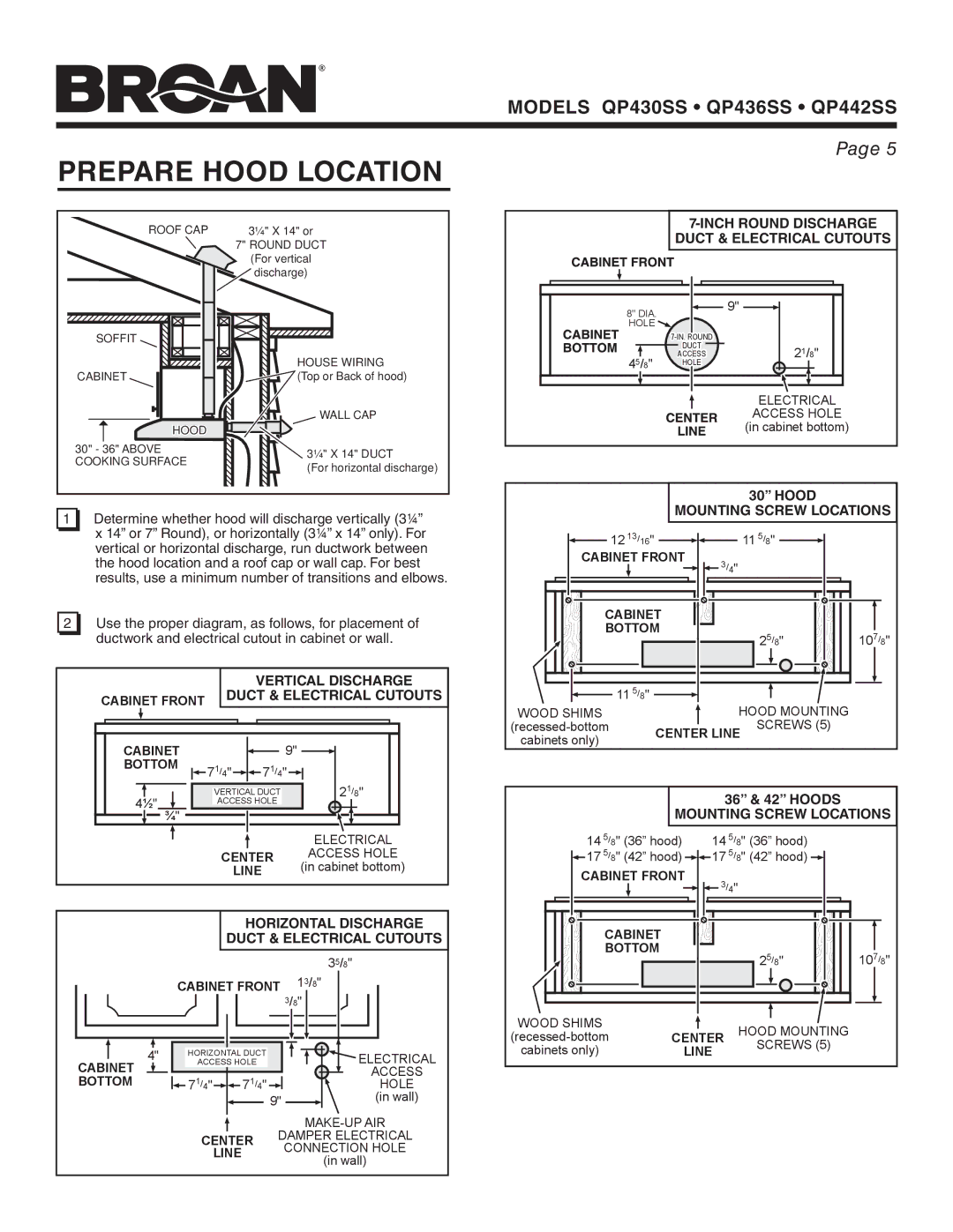 Broan QP442SS, QP430SS, QP436SS Prepare Hood Location, Inch Round Discharge Duct & Electrical Cutouts, Vertical Discharge 