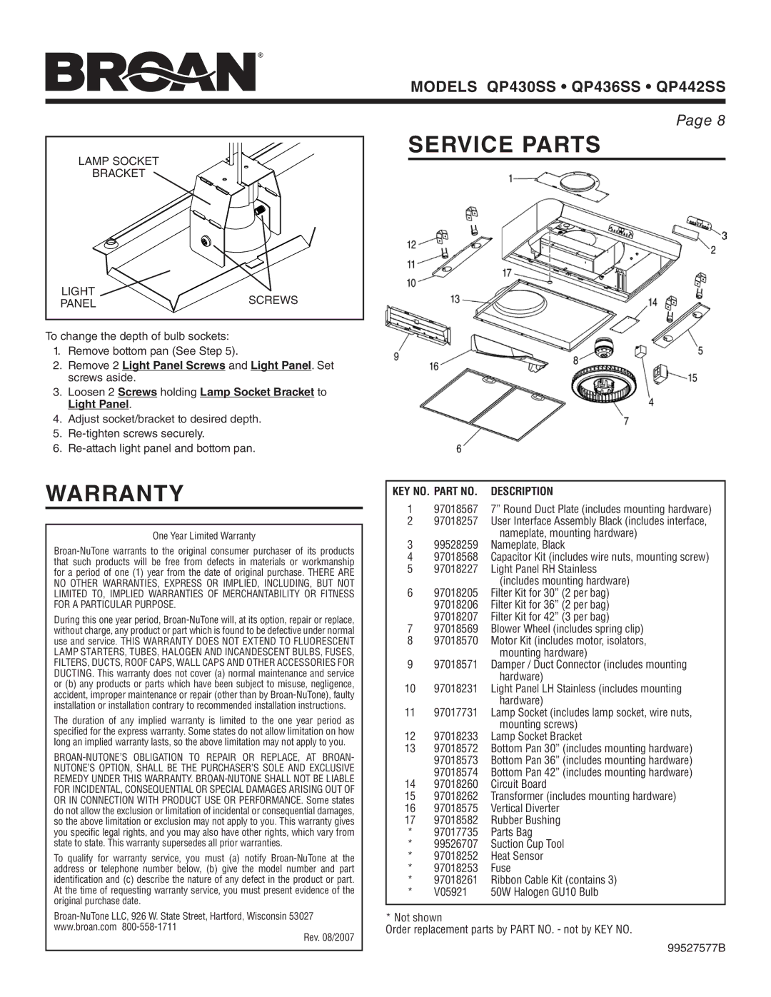 Broan QP442SS, QP430SS warranty Warranty, Service Parts, Lamp Socket Bracket Light Screws Panel, KEY NO. Part no Description 