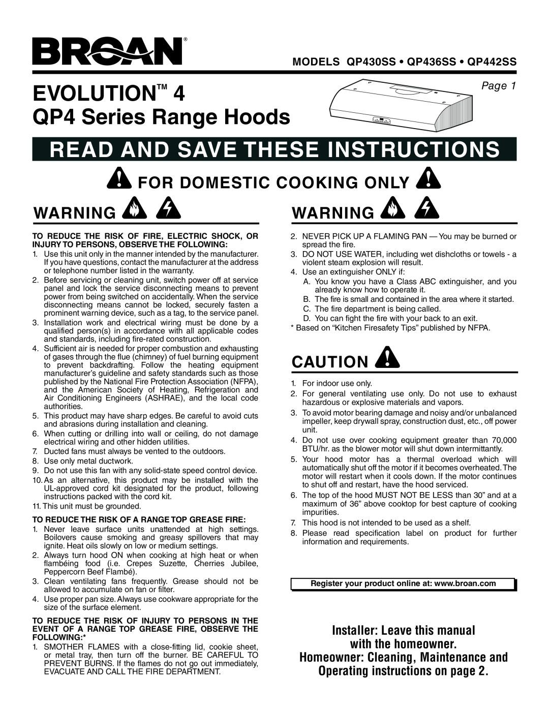 Broan QP436SS, QP430SS, QP442SS warranty Evolutiontm, QP4 Series Range Hoods, Read And Save These Instructions, Page 