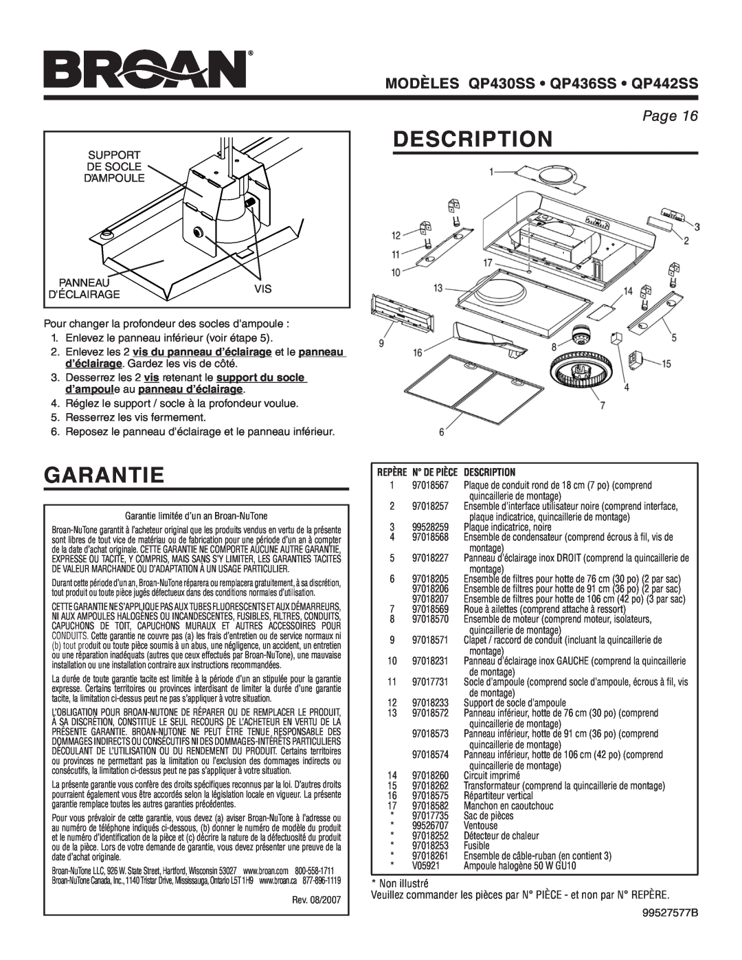 Broan warranty Garantie, Description, MODÈLES QP430SS • QP436SS • QP442SS, Page 