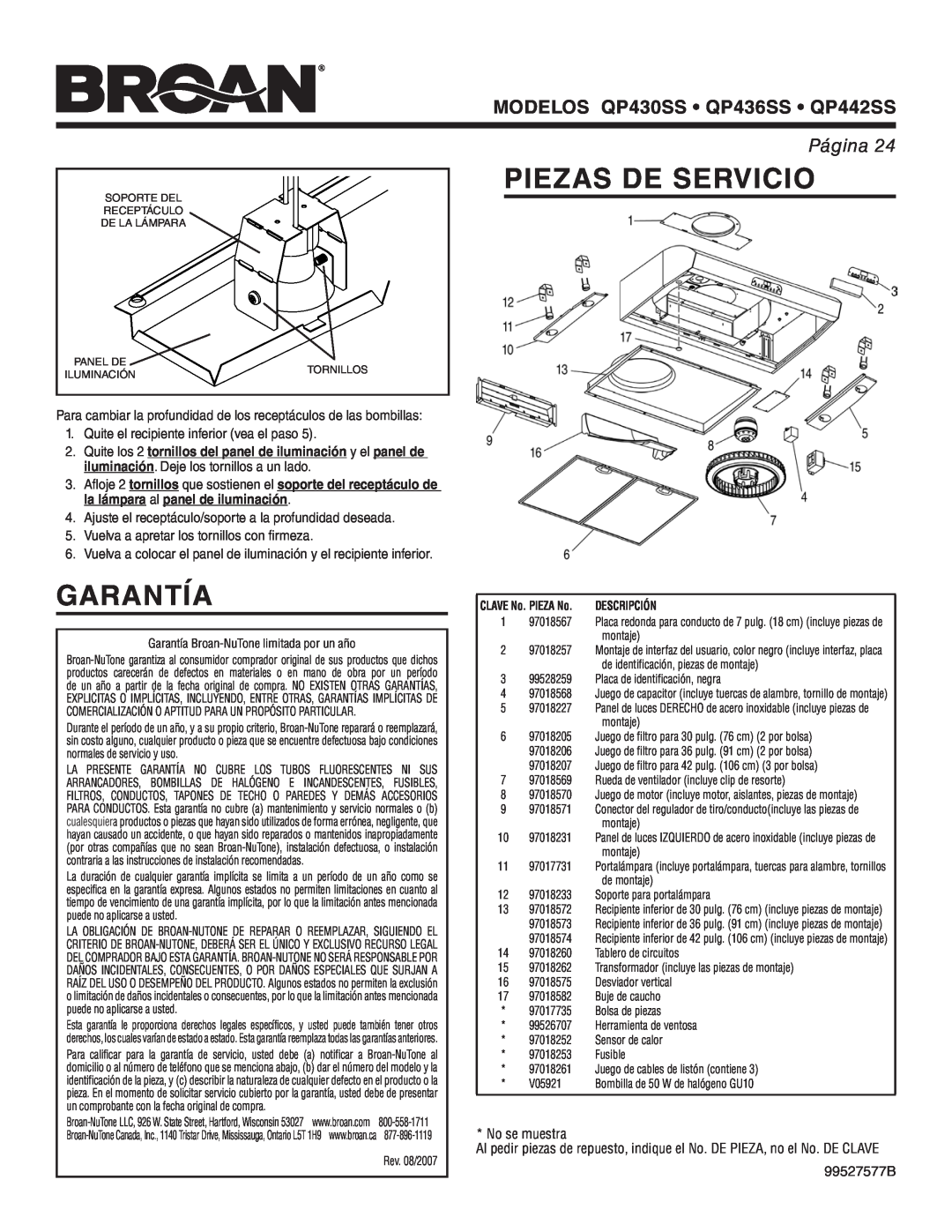 Broan warranty Garantía, Piezas De Servicio, MODELOS QP430SS • QP436SS • QP442SS, Página, No se muestra, 99527577B 