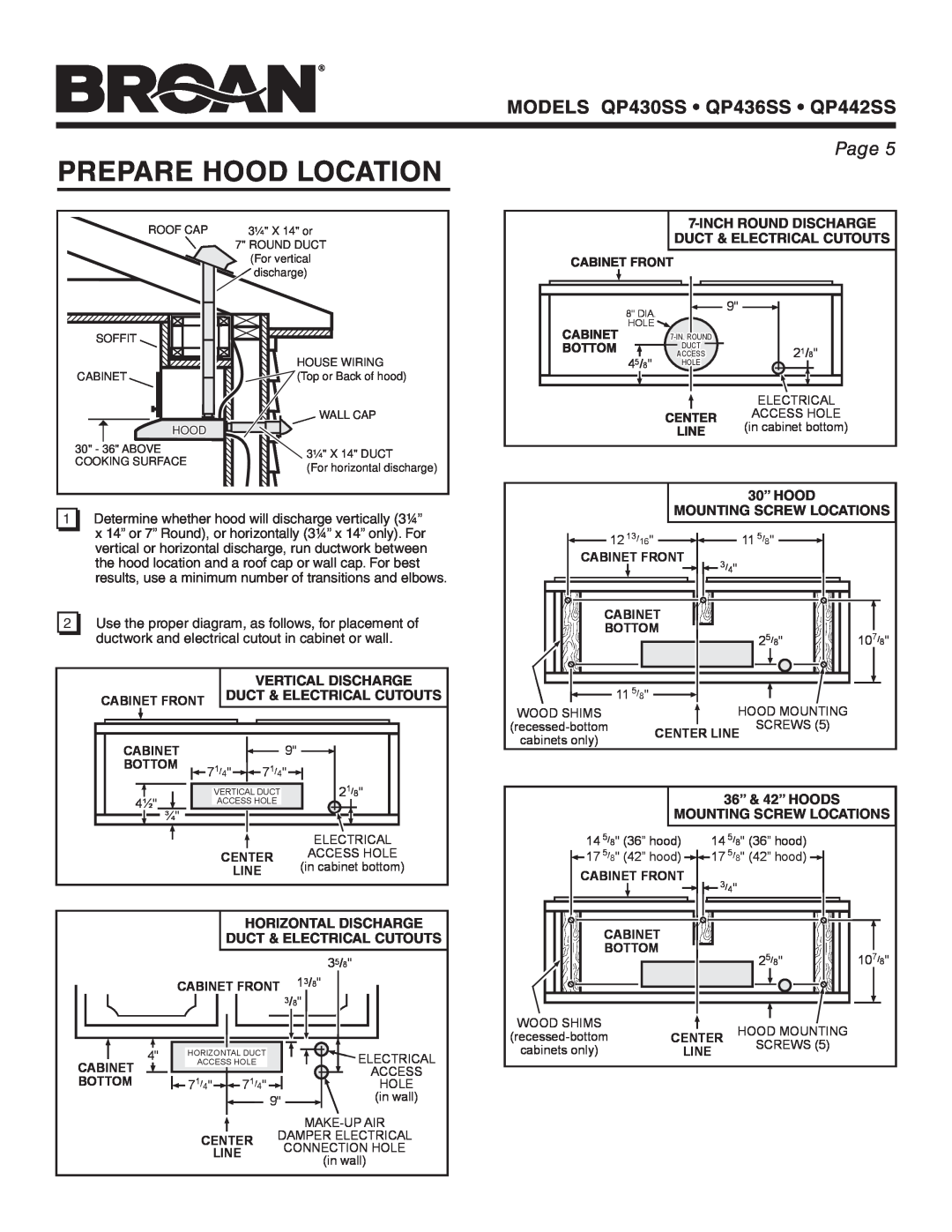 Broan QP442SS Prepare Hood Location, Inchround Discharge Duct & Electrical Cutouts, 30” HOOD, Vertical Discharge, Page 