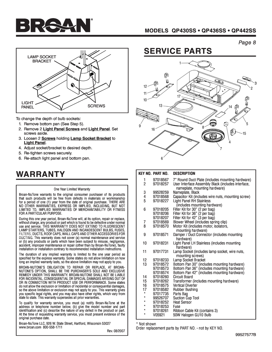 Broan warranty Warranty, Service Parts, Key No. Part No, Description, MODELS QP430SS • QP436SS • QP442SS, Page 
