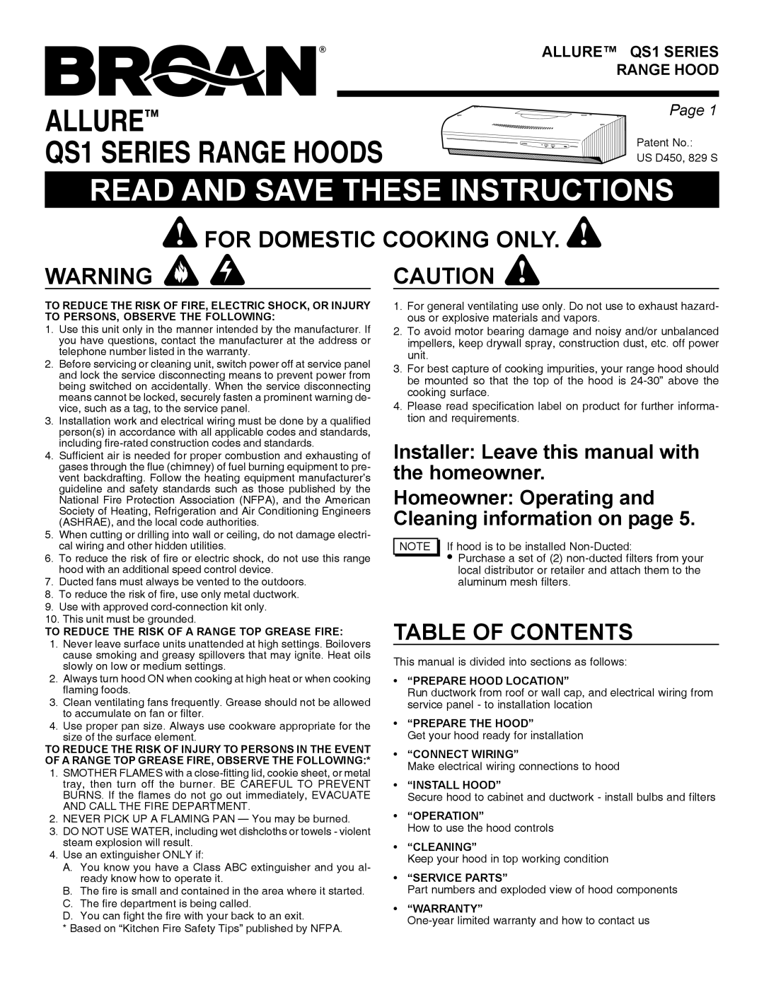 Broan QS1 warranty For Domestic Cooking only, Table of Contents 