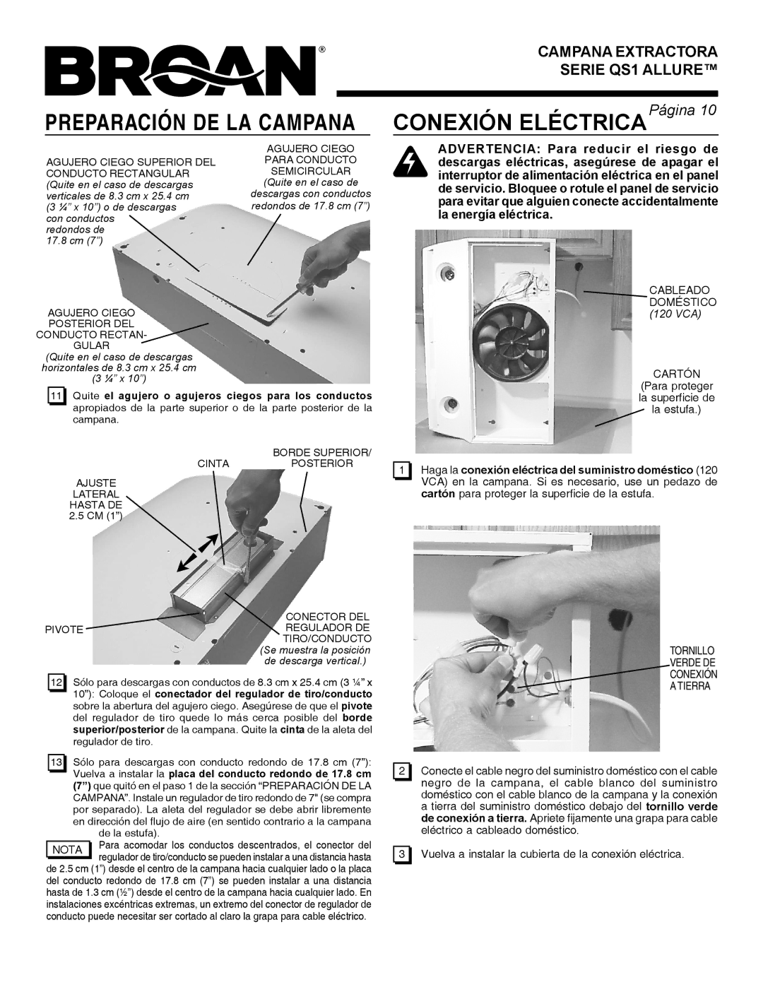 Broan QS1 warranty Cableado Doméstico, Cartón, Nota 