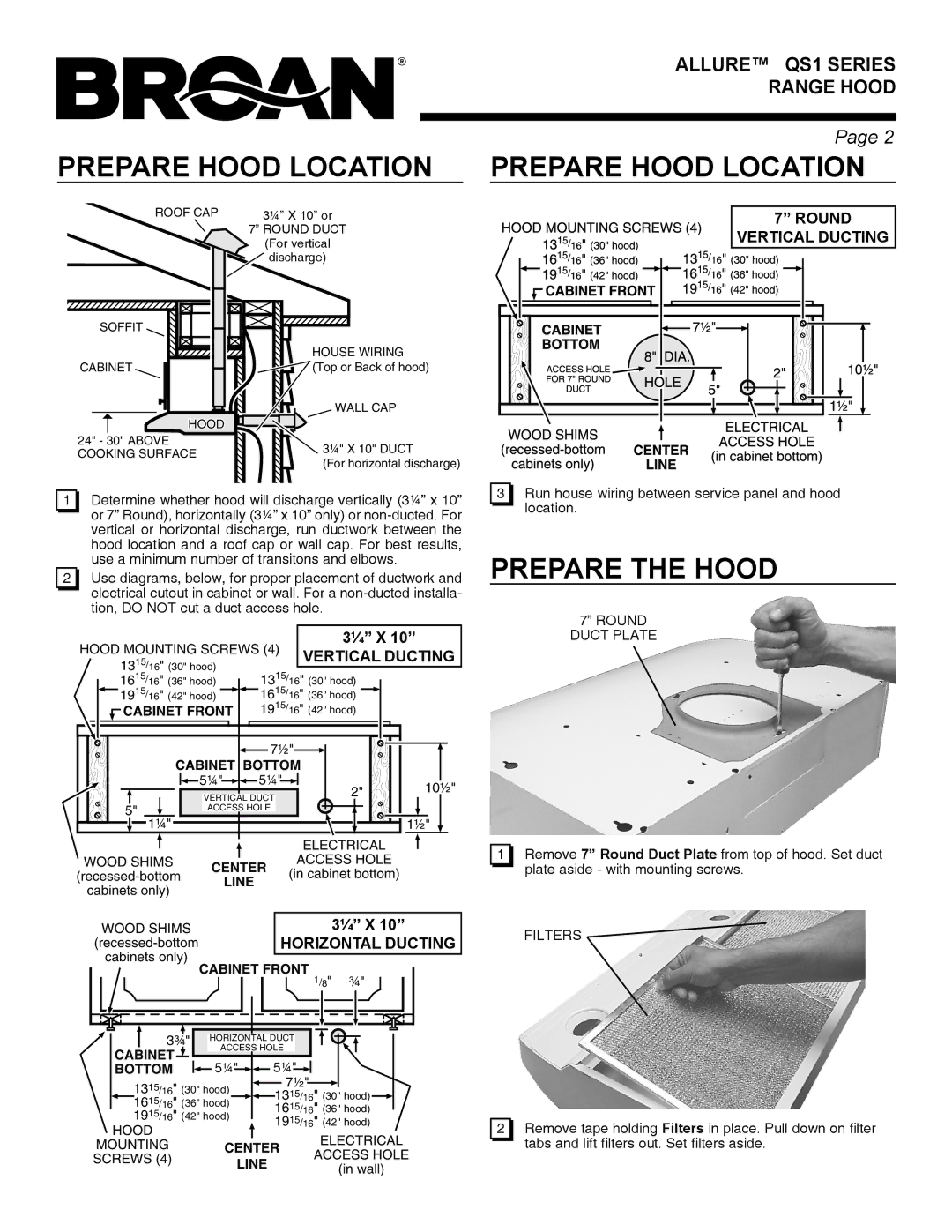 Broan QS1 warranty Prepare Hood Location Prepare Hood Location, Prepare the Hood 