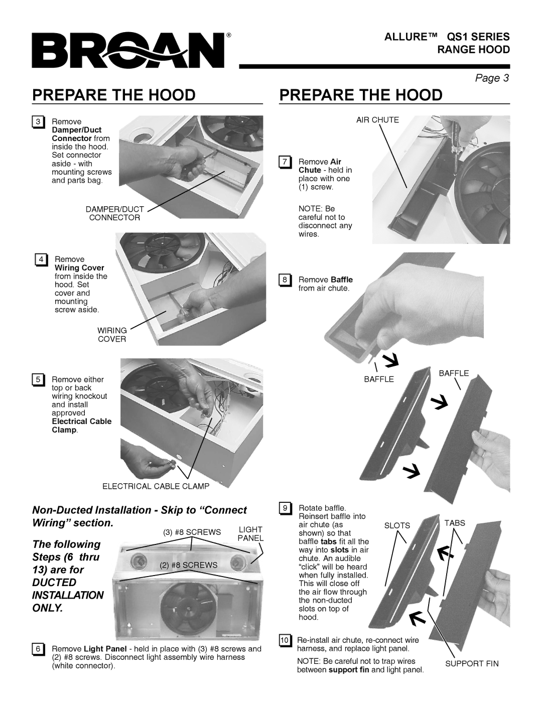 Broan QS1 DAMPER/DUCT Connector, Wiring Cover, AIR Chute, Baffle Electrical Cable Clamp, Slots, Tabs Support FIN 