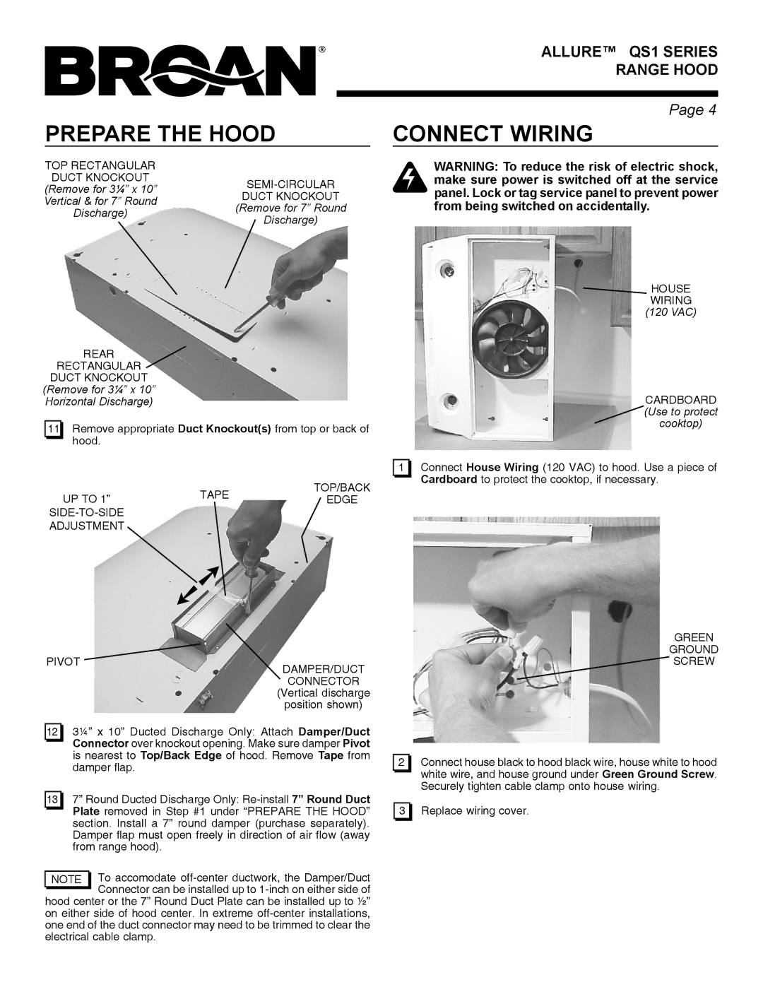 Broan QS1 warranty Connect Wiring 