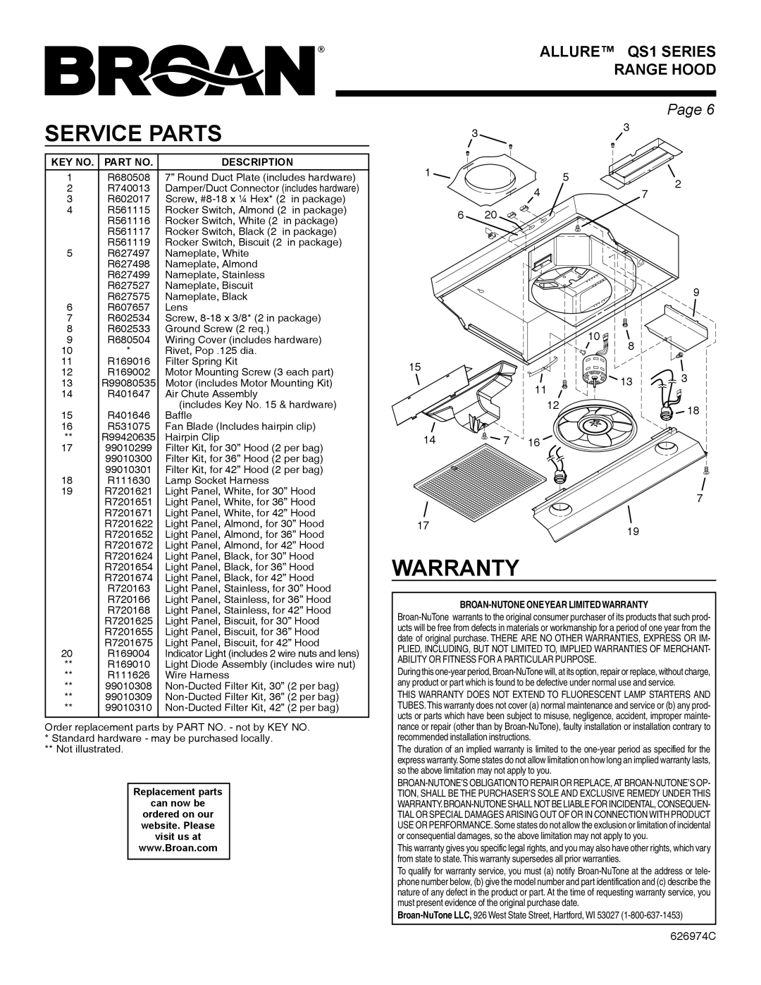 Broan QS1 warranty Service Parts, BROAN-NUTONE Oneyear Limited Warranty 