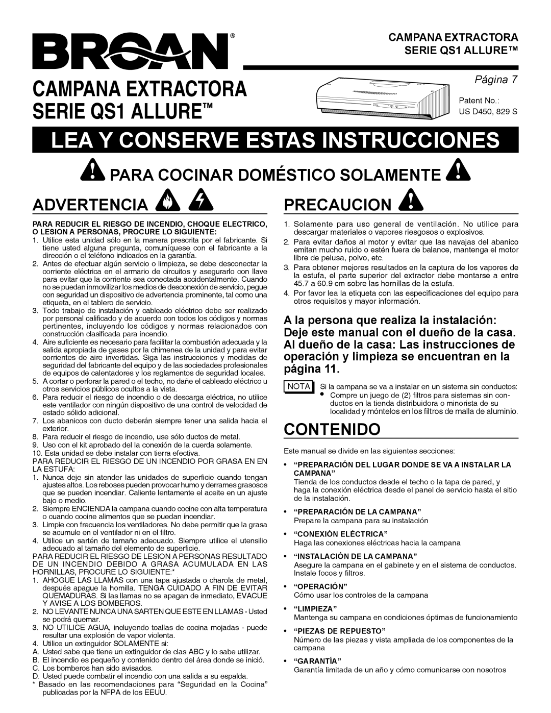 Broan QS1 warranty Para Cocinar Doméstico Solamente, Advertencia Precaucion, Contenido 