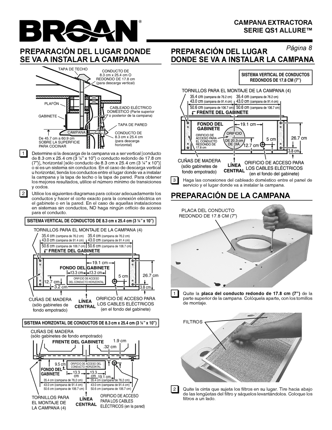 Broan QS1 Frente DEL GA Binete, Fondo DEL Gabinete, Línea, Central, Sistema Vertical DE Conductos, Frente DEL Gabinete 