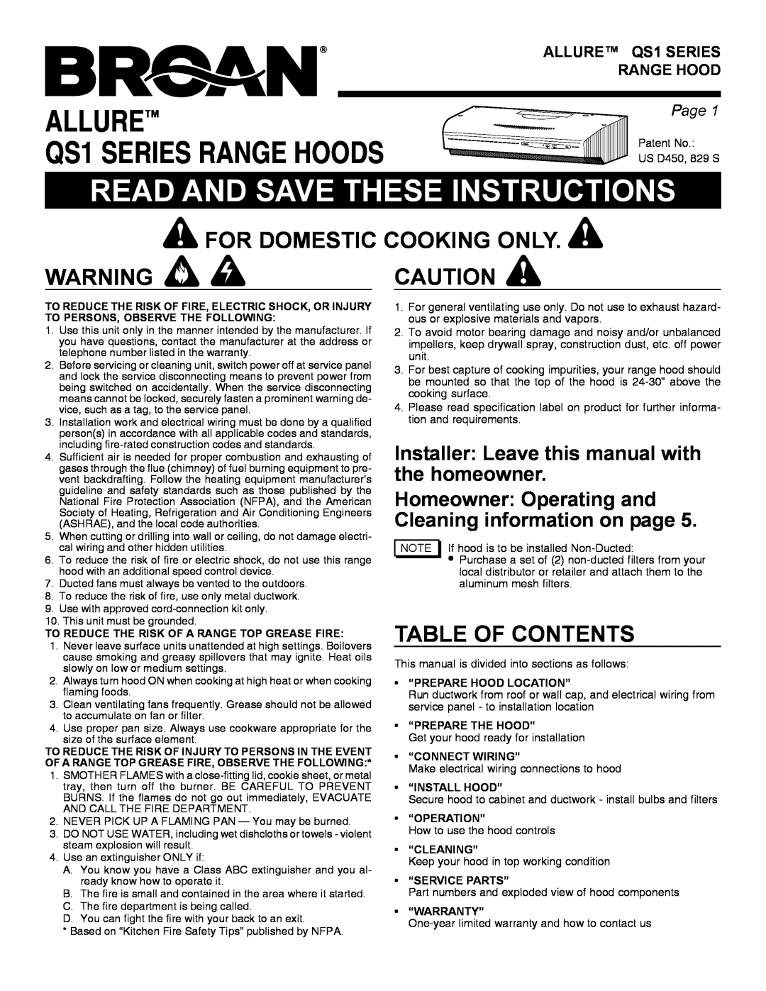 Broan QS1 warranty Allure, Read And Save These Instructions, For Domestic Cooking Only, Table Of Contents, Range Hood 