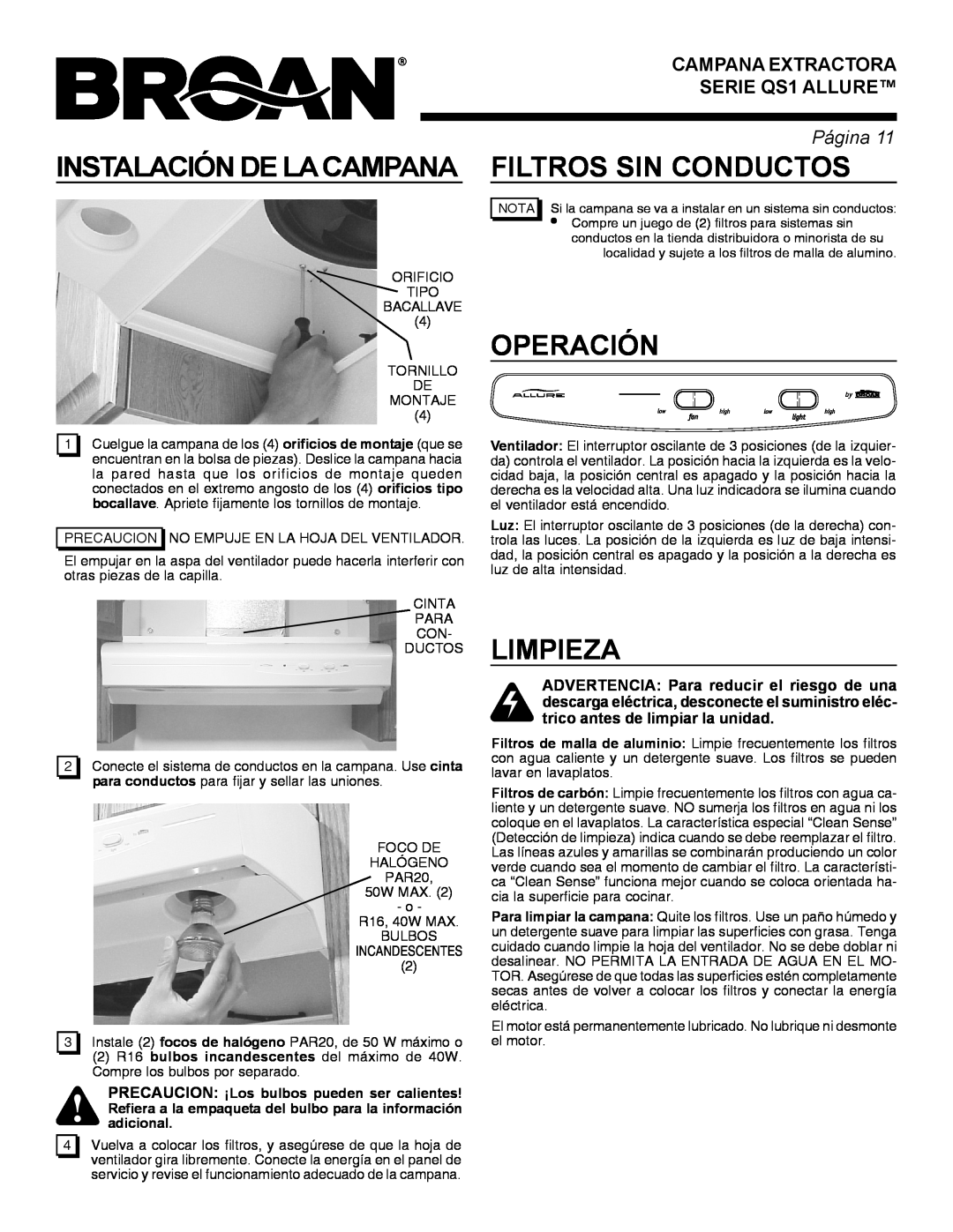 Broan QS1 warranty Instalación De La Campanafiltros Sin Conductos, Operación, Limpieza, adicional, Página 