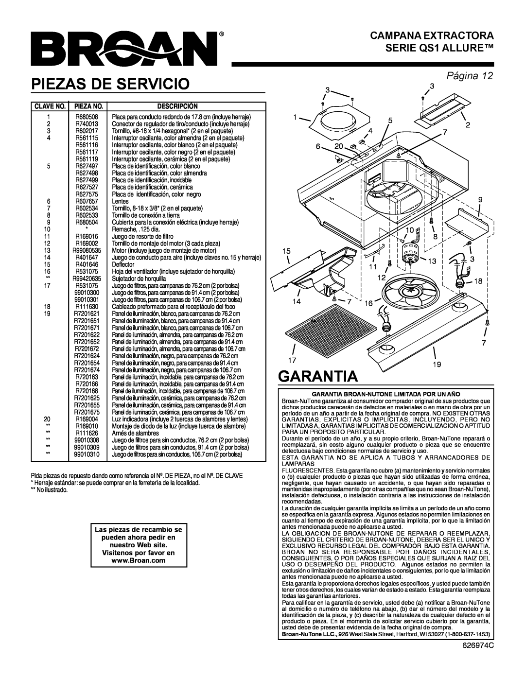 Broan warranty Piezas De Servicio, Garantia, CAMPANA EXTRACTORA SERIE QS1 ALLURE, Página 